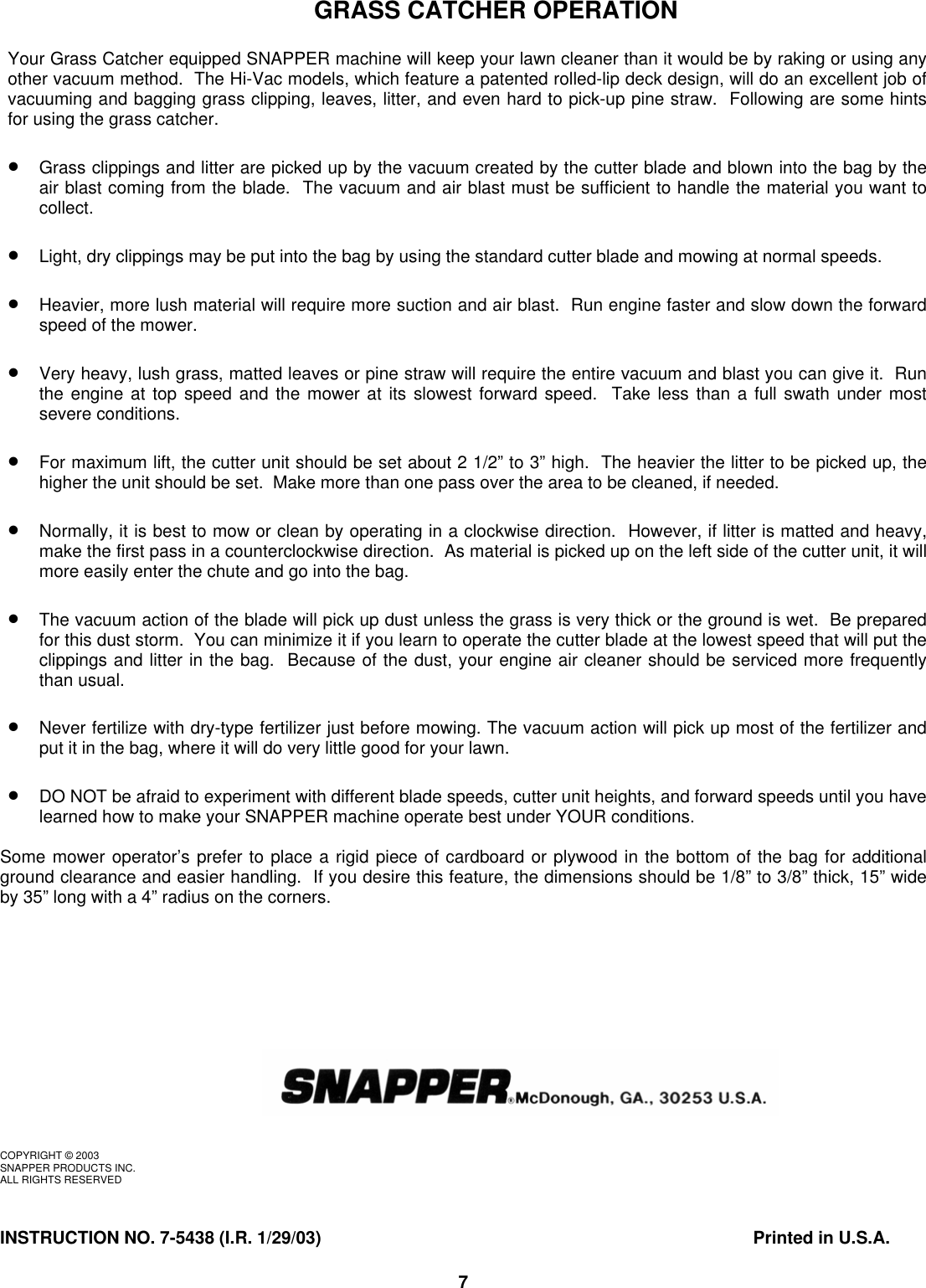 Page 7 of 7 - Snapper Snapper-75438-Users-Manual- #6-1888 Twin Bag Grass Catcher Snapper-75438-users-manual
