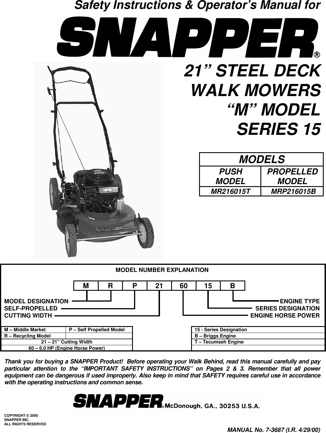 older snapper model numbers