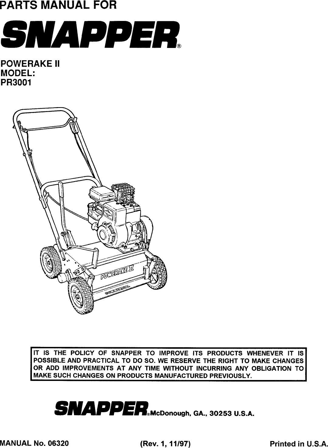 Snapper Commecrial Power Rake Snapper Powerake Ii Pr3001 Users Manual