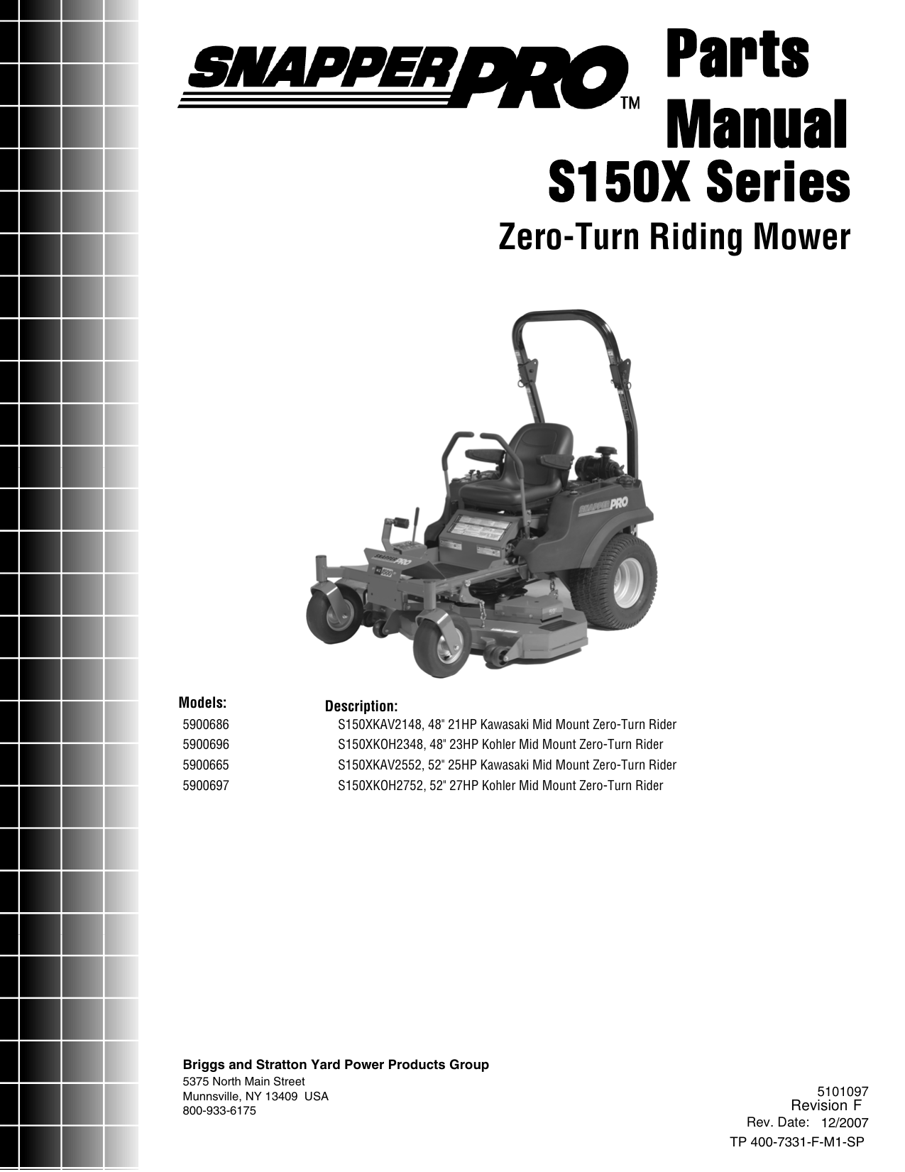 Snapper S150Xk0H2348 Users Manual PartsManual