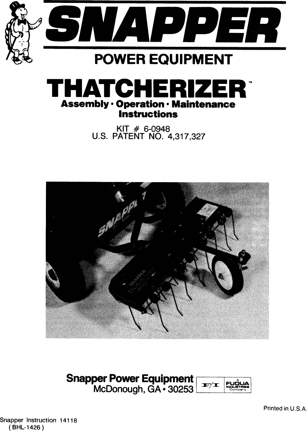 Page 1 of 4 - Snapper Snapper-Thatcherizer-6-0948-Users-Manual-  Snapper-thatcherizer-6-0948-users-manual