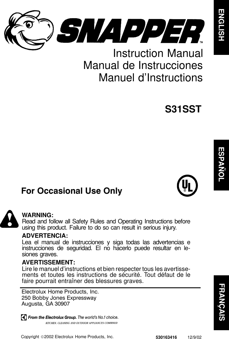 Page 1 of 12 - Snapper S31sst User Manual  To The 1164ea9d-f5d4-48d4-84f3-dd984dc70c9b