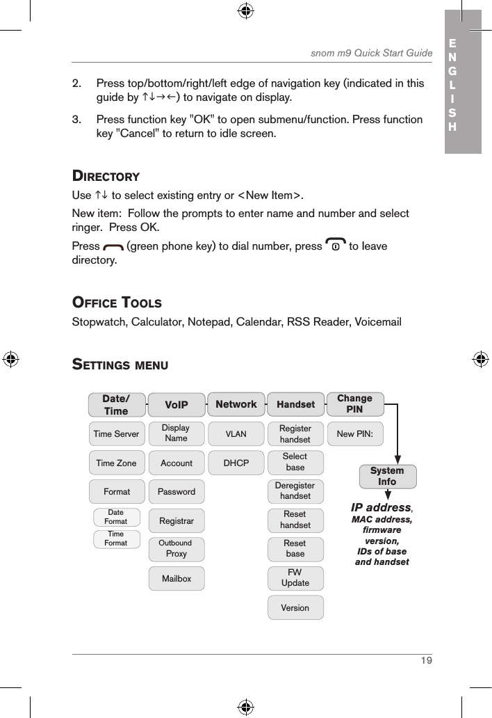 19snom m9 Quick Start Guide ENGLISH2.  Press top/bottom/right/left edge of navigation key (indicated in this guide by ) to navigate on display.3.  Press function key &quot;OK&quot; to open submenu/function. Press function key &quot;Cancel&quot; to return to idle screen.directorY Use  to select existing entry or &lt;New Item&gt;.  New item:  Follow the prompts to enter name and number and select ringer.  Press OK.Press   (green phone key) to dial number, press   to Ieave directory.office toolsStopwatch, Calculator, Notepad, Calendar, RSS Reader, Voicemailsettings MenuNetworkVoIPDisplay NameAccountPasswordMailboxRegistrarOutbound ProxyDate/Time HandsetTime ZoneTime ServerFormatDate FormatTime FormatVLANDHCPRegister handsetSelect baseDeregister handsetReset handsetFW UpdateVersionResetbaseChange PINSystem InfoNew PIN:IP address, MAC address, firmware version, IDs of base and handset