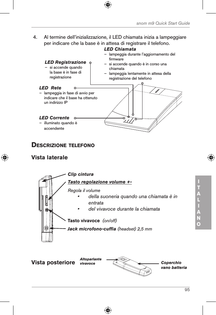 95snom m9 Quick Start GuideITALIANO4.  Al termine dell’inizializzazione, il LED chiamata inizia a lampeggiare per indicare che la base è in attesa di registrare il telefono.LED Corrente – illuminato quando è accendenteLED Chiamata – lampeggia durante l’aggiornamento del firmware   – si accende quando è in corso una chiamata – lampeggia lentamente in attesa della registrazione del telefonoLED Registrazione  – si accende quando la base è in fase di registrazioneLED  Rete                – lampeggia in fase di avvio per indicare che il base ha ottenuto un indirizzo IPdescriZione telefonoVista laterale Clip cinturaTasto regolazione volume +-Regola il volume•   della suoneria quando una chiamata è in entrata •  del vivavoce durante la chiamataJack microfono-cuffia (headset) 2,5 mmTasto vivavoce  (on/off)Vista posteriore   Altoparlante vivavoce Coperchio vano batteria