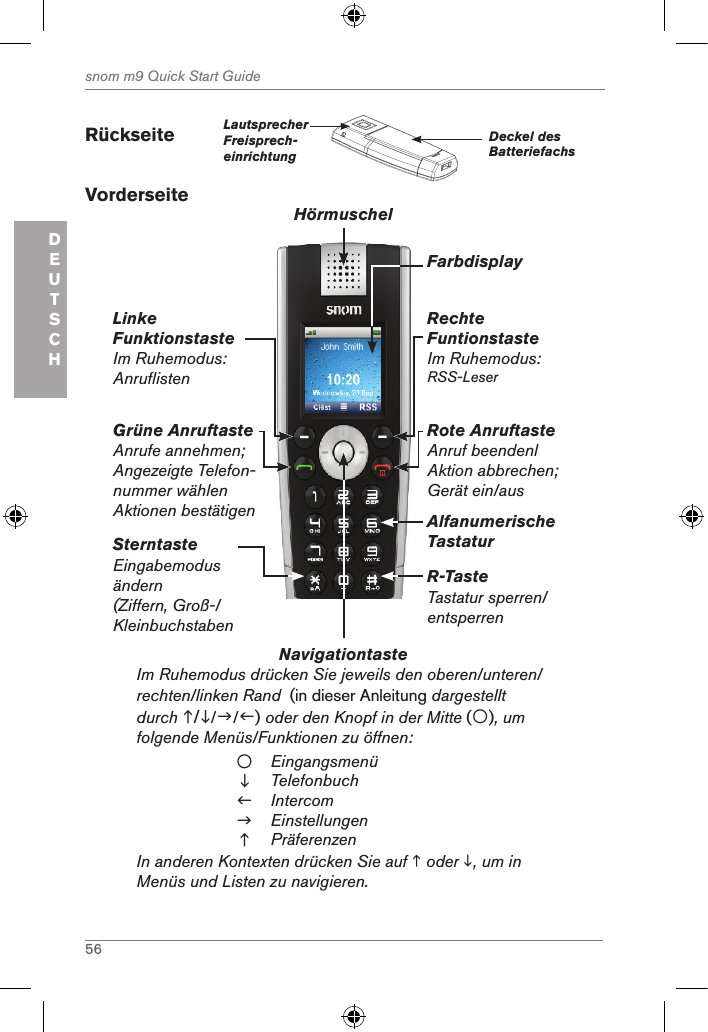 56snom m9 Quick Start GuideDEUTSCHRückseite         Lautsprecher Freisprech-einrichtungDeckel des Batteriefachs VorderseiteNavigationtaste          Im Ruhemodus drücken Sie jeweils den oberen/unteren/ rechten/linken Rand  (in dieser Anleitung dargestellt durch ///) oder den Knopf in der Mitte (), um folgende Menüs/Funktionen zu öffnen:EingangsmenüTelefonbuchIntercomEinstellungenPräferenzenIn anderen Kontexten drücken Sie auf  oder , um in Menüs und Listen zu navigieren.Grüne AnruftasteAnrufe annehmen; Angezeigte Telefon-nummer wählenAktionen bestätigenLinkeFunktionstasteIm Ruhemodus: AnruflistenRechte FuntionstasteIm Ruhemodus: RSS-LeserRote AnruftasteAnruf beendenlAktion abbrechen;Gerät ein/ausAlfanumerische TastaturSterntasteEingabemodus ändern (Ziffern, Groß-/KleinbuchstabenR-TasteTastatur sperren/entsperrenHörmuschelFarbdisplay