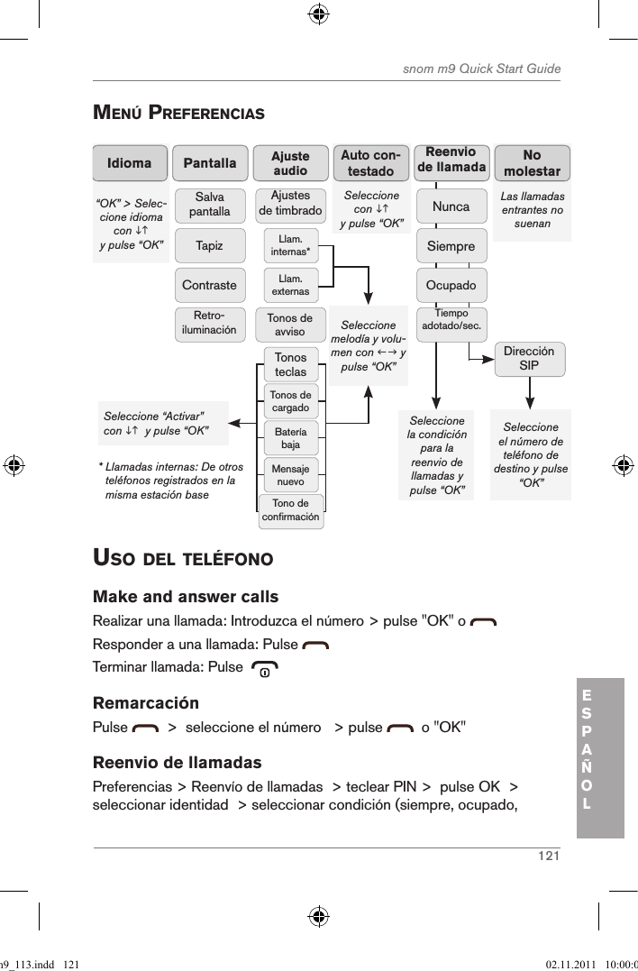 121snom m9 Quick Start GuideESPAÑOLMenÚ preferencias“OK” &gt; Selec-cione idioma con   y pulse “OK”  IdiomaSeleccione con  y pulse “OK” Auto con-testadoPantallaSalva pantallaTapizContrasteRetro-iluminaciónLas llamadas entrantes no suenanNo molestarSeleccione la condición para lareenvio de llamadas y pulse “OK”  Seleccione el número de teléfono dedestino y pulse “OK”Ajuste audioAjustes de timbradoLlam. internas* Llam. externas Tonos teclasTonos de cargadoBatería bajaMensaje nuevoTono de confirmaciónTonos de avviso Seleccione melodía y volu-men con  y pulse “OK”Seleccione “Activar” con   y pulse “OK” *  Llamadas internas: De otros teléfonos registrados en la misma estación base  SiempreReenvio de llamada NuncaOcupadoTiempo adotado/sec.Dirección SIPuso del telÉfonoMake and answer callsRealizar una llamada: Introduzca el número &gt; pulse &quot;OK&quot; o   Responder a una llamada: Pulse Terminar llamada: Pulse  RemarcaciónPulse    &gt;  seleccione el número   &gt; pulse    o &quot;OK&quot;Reenvio de llamadasPreferencias &gt; Reenvío de llamadas  &gt; teclear PIN &gt;  pulse OK  &gt; seleccionar identidad  &gt; seleccionar condición (siempre, ocupado, qsg_m9_113.indd   121 02.11.2011   10:00:05