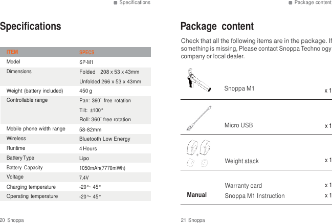 Specifications Package content   Specifications  Package  content  Check that all the following items are in the package. If ITEM Model Dimensions  Weight (battery included) Controllable range SPECS SP-M1 Folded   208 x 53 x 43mm Unfolded 266 x 53 x 43mm 450 g Pan:  360˚ free  rotation Tilt:  &plusmn;100&deg; Roll: 360˚ free rotation something is missing, Please contact Snoppa Technology company or local dealer.   Snoppa M1 x 1 Mobile phone width range Wireless Runtime Battery Type Battery  Capacity Voltage Charging temperature Operating temperature 58-82mm Bluetooth Low Energy 4 Hours Lipo 1050mAh(7770mWh) 7.4V -20&deg;~ 45&deg; -20&deg;~ 45&deg;    ＋    Manual Micro USB  x 1    Weight stack  x 1   Warranty card  x 1 Snoppa M1 Instruction  x 1  20  Snoppa  21 Snoppa 
