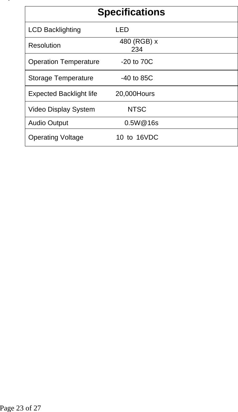 Page 23 of 27  .  Specifications LCD Backlighting    LED Resolution   480 (RGB) x 234   Operation Temperature    -20 to 70C   Storage Temperature    -40 to 85C   Expected Backlight life    20,000Hours Video Display System    NTSC     Audio Output    0.5W@16s   Operating Voltage  10 to 16VDC                               