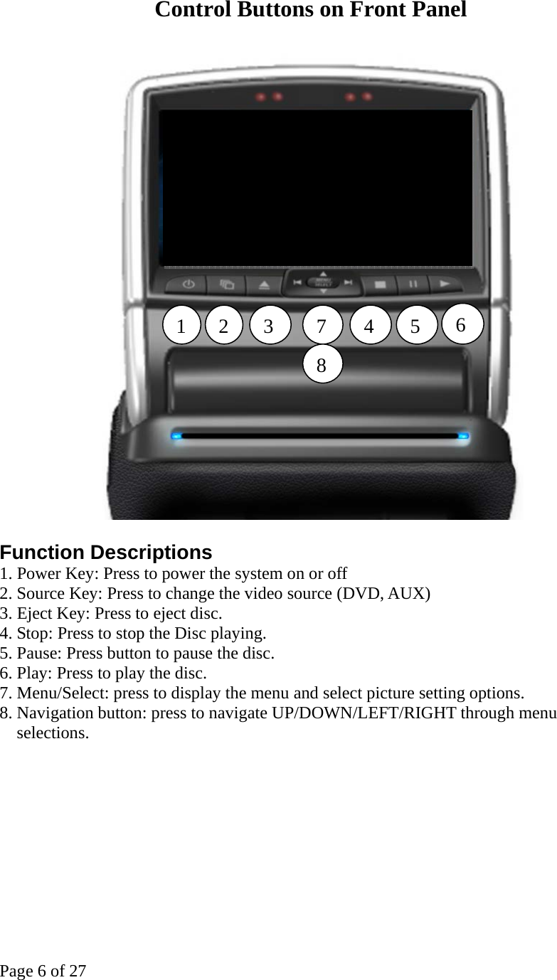 Page 6 of 27 Control Buttons on Front Panel    Function Descriptions 1. Power Key: Press to power the system on or off   2. Source Key: Press to change the video source (DVD, AUX) 3. Eject Key: Press to eject disc.   4. Stop: Press to stop the Disc playing. 5. Pause: Press button to pause the disc. 6. Play: Press to play the disc.   7. Menu/Select: press to display the menu and select picture setting options.   8. Navigation button: press to navigate UP/DOWN/LEFT/RIGHT through menu selections.           1  32  67 4 58