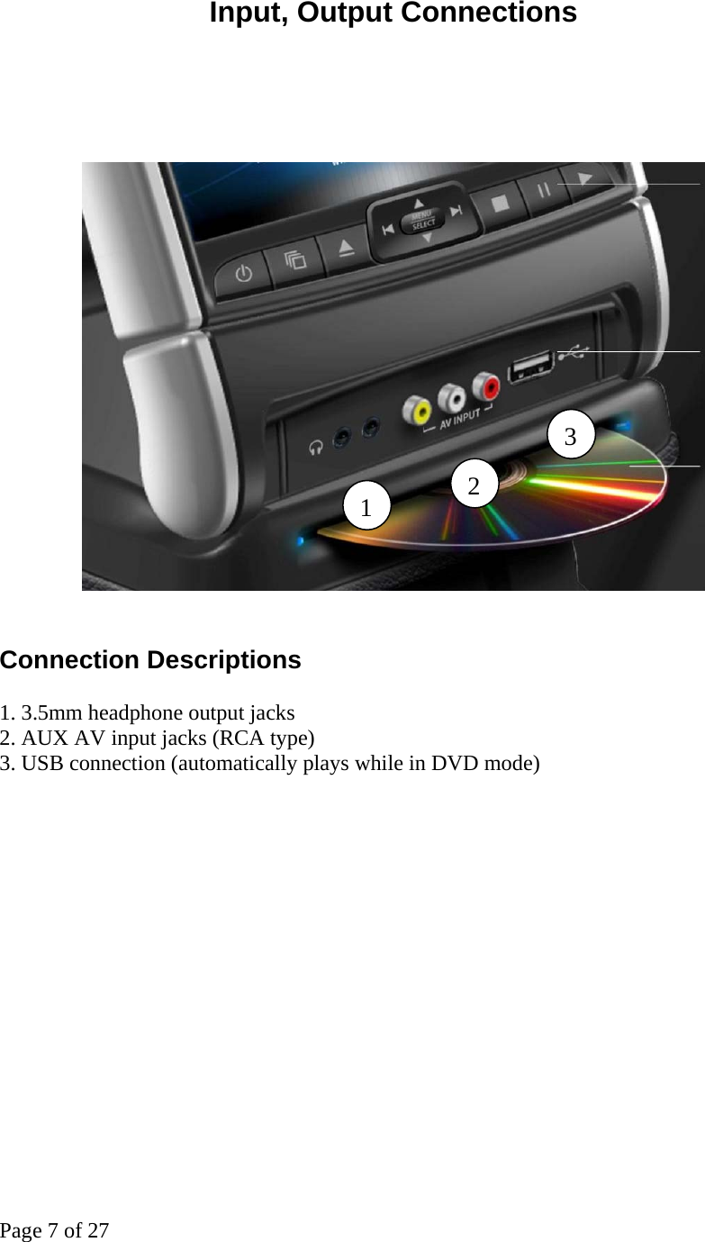 Page 7 of 27 Input, Output Connections        Connection Descriptions  1. 3.5mm headphone output jacks 2. AUX AV input jacks (RCA type) 3. USB connection (automatically plays while in DVD mode)123