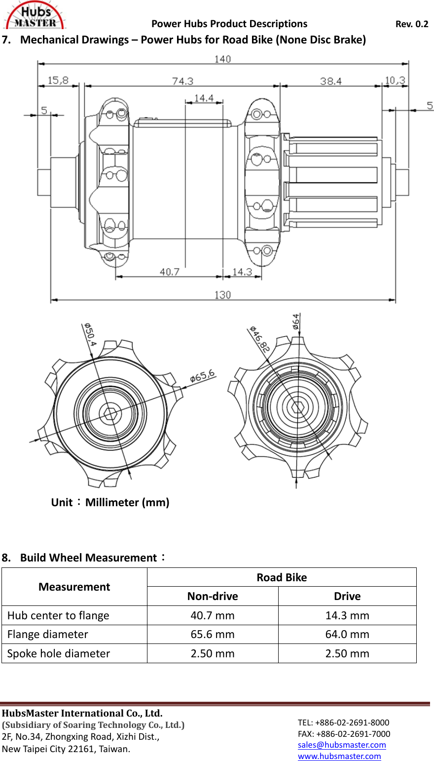 PowerHubsProductDescriptionsRev.0.2HubsMasterInternationalCo.,Ltd.(SubsidiaryofSoaringTechnologyCo.,Ltd.)2F,No.34,ZhongxingRoad,XizhiDist., NewTaipeiCity22161,Taiwan.TEL:+886‐02‐2691‐8000FAX:+886‐02‐2691‐7000sales@hubsmaster.comwww.hubsmaster.com7. MechanicalDrawings–PowerHubsforRoadBike(NoneDiscBrake)Unit：Millimeter(mm)8. BuildWheelMeasurement：MeasurementRoadBikeNon‐driveDriveHubcentertoflange40.7mm14.3mmFlangediameter65.6mm64.0mmSpokeholediameter2.50mm2.50mm