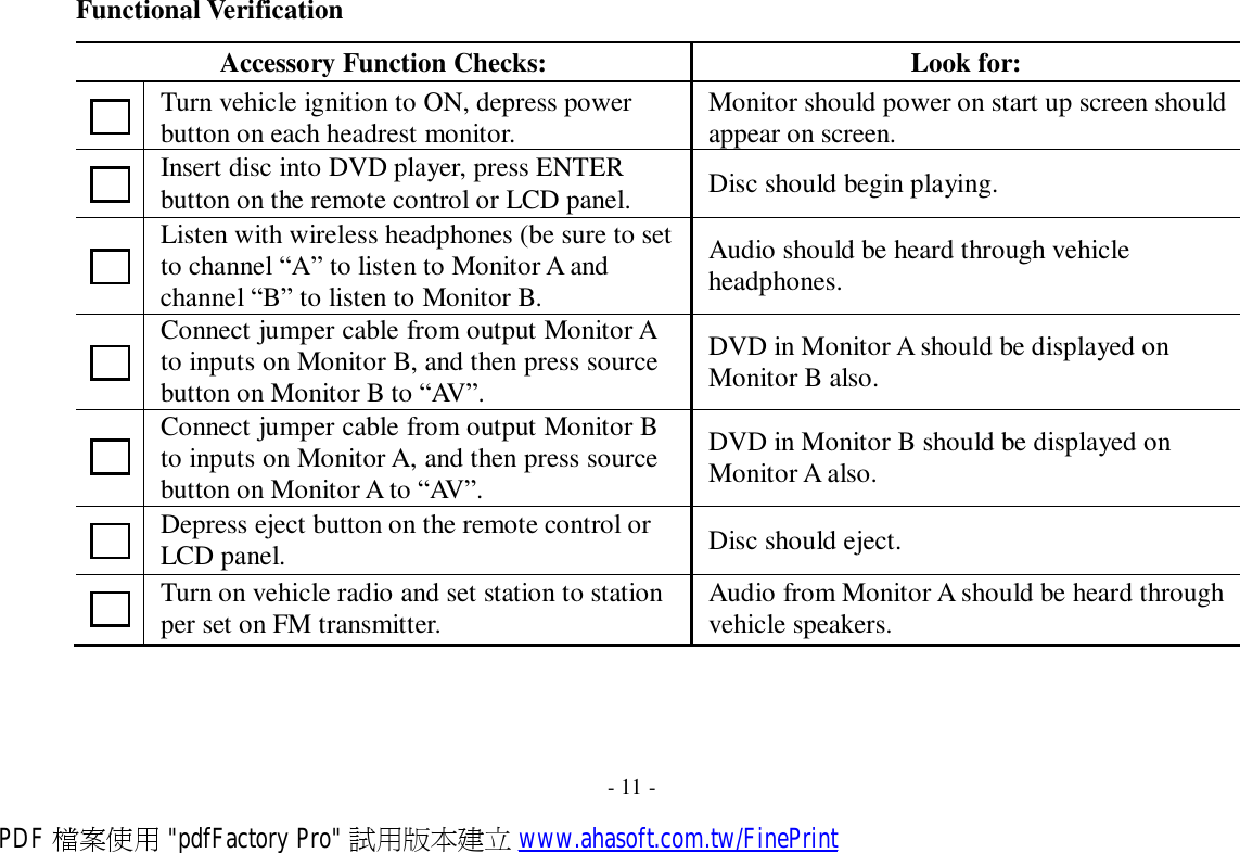 Functional Verification  Accessory Function Checks: Look for:  Turn vehicle ignition to ON, depress power button on each headrest monitor.  Monitor should power on start up screen should appear on screen.  Insert disc into DVD player, press ENTER button on the remote control or LCD panel.  Disc should begin playing.  Listen with wireless headphones (be sure to set to channel “A” to listen to Monitor A and channel “B” to listen to Monitor B.  Audio should be heard through vehicle headphones.  Connect jumper cable from output Monitor A to inputs on Monitor B, and then press source button on Monitor B to “AV ” .  DVD in Monitor A should be displayed on Monitor B also.  Connect jumper cable from output Monitor B to inputs on Monitor A, and then press source button on Monitor A to “AV ” .  DVD in Monitor B should be displayed on Monitor A also.  Depress eject button on the remote control or LCD panel.  Disc should eject.  Turn on vehicle radio and set station to station per set on FM transmitter.  Audio from Monitor A should be heard through vehicle speakers.       - 11 - PDF 檔案使用 &quot;pdfFactory Pro&quot; 試用版本建立 www.ahasoft.com.tw/FinePrint