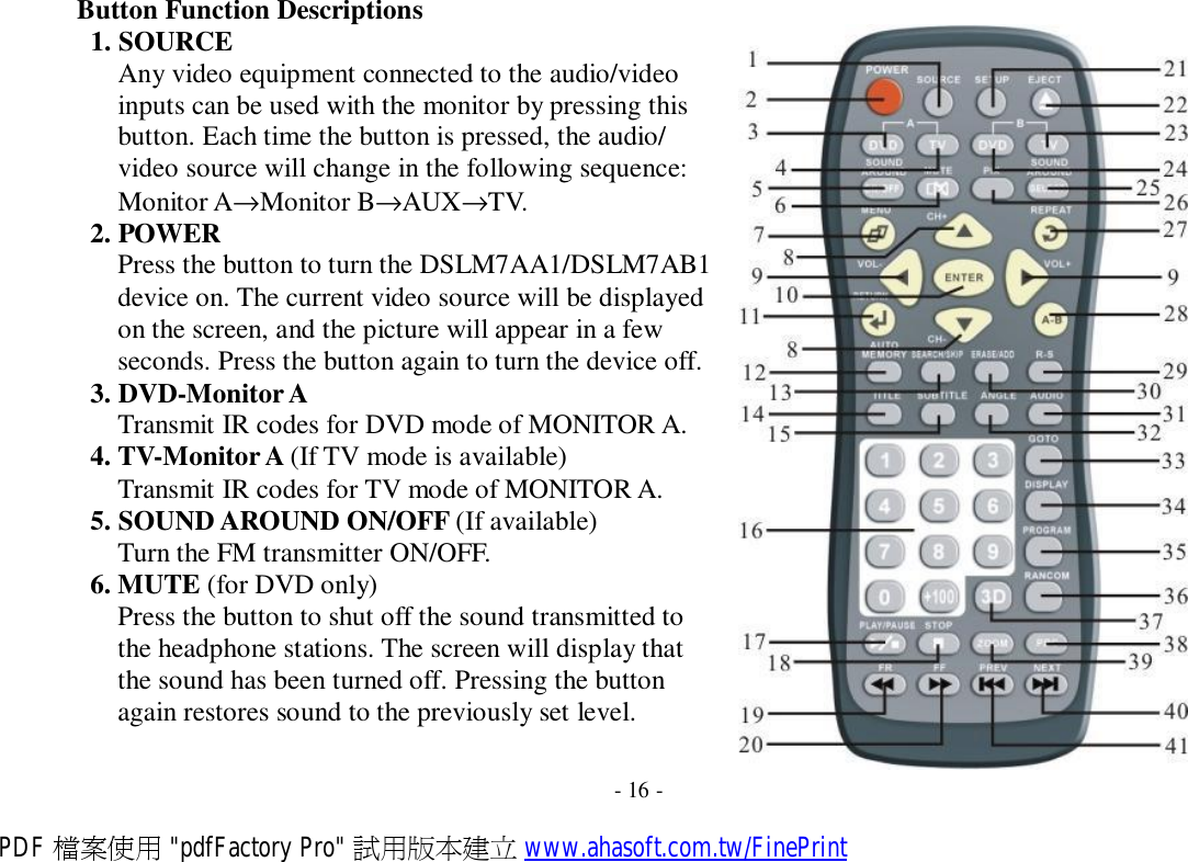  Button Function Descriptions 1. SOURCE Any video equipment connected to the audio/video inputs can be used with the monitor by pressing this button. Each time the button is pressed, the audio/ video source will change in the following sequence: Monitor A→Monitor B→AUX→TV. 2. POWER Press the button to turn the DSLM7AA1/DSLM7AB1 device on. The current video source will be displayed on the screen, and the picture will appear in a few seconds. Press the button again to turn the device off. 3. DVD-Monitor A Transmit IR codes for DVD mode of MONITOR A. 4. TV-Monitor A (If TV mode is available) Transmit IR codes for TV mode of MONITOR A. 5. SOUND AROUND ON/OFF (If available) Turn the FM transmitter ON/OFF. 6. MUTE (for DVD only) Press the button to shut off the sound transmitted to the headphone stations. The screen will display that the sound has been turned off. Pressing the button again restores sound to the previously set level.   - 16 - PDF 檔案使用 &quot;pdfFactory Pro&quot; 試用版本建立 www.ahasoft.com.tw/FinePrint