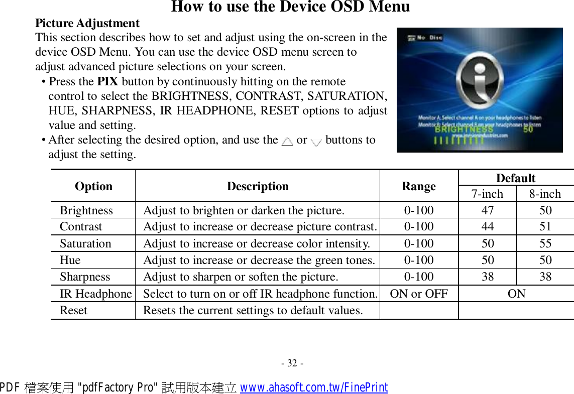    Picture Adjustment How to use the Device OSD Menu This section describes how to set and adjust using the on-screen in the device OSD Menu. You can use the device OSD menu screen to adjust advanced picture selections on your screen. • Press the PIX button by continuously hitting on the remote control to select the BRIGHTNESS, CONTRAST, SATURATION, HUE, SHARPNESS, IR HEADPHONE, RESET options to adjust value and setting. • After selecting the desired option, and use the  or  buttons to adjust the setting.   Option  Description  Range Default 7-inch 8-inch Brightness  Adjust to brighten or darken the picture.  0-100  47  50 Contrast  Adjust to increase or decrease picture contrast. 0-100  44  51 Saturation  Adjust to increase or decrease color intensity. 0-100  50  55 Hue  Adjust to increase or decrease the green tones. 0-100  50  50 Sharpness  Adjust to sharpen or soften the picture.  0-100  38  38 IR Headphone Select to turn on or off IR headphone function. ON or OFF  ON Reset  Resets the current settings to default values.         - 32 - PDF 檔案使用 &quot;pdfFactory Pro&quot; 試用版本建立 www.ahasoft.com.tw/FinePrint