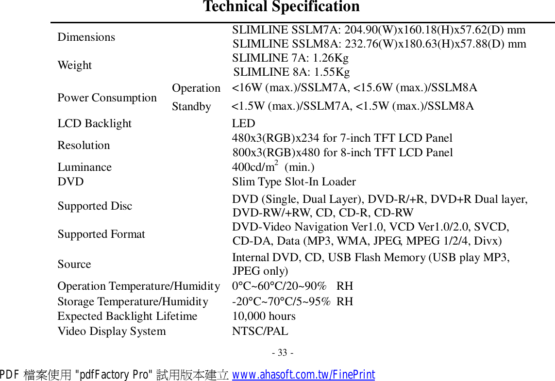 Technical Specification  Dimensions  SLIMLINE SSLM7A: 204.90(W)x160.18(H)x57.62(D) mm SLIMLINE SSLM8A: 232.76(W)x180.63(H)x57.88(D) mm Weight  SLIMLINE 7A: 1.26Kg SLIMLINE 8A: 1.55Kg Operation  &lt;16W (max.)/SSLM7A, &lt;15.6W (max.)/SSLM8A Power Consumption   Standby  &lt;1.5W (max.)/SSLM7A, &lt;1.5W (max.)/SSLM8A LCD Backlight  LED Resolution  480x3(RGB)x234 for 7-inch TFT LCD Panel 800x3(RGB)x480 for 8-inch TFT LCD Panel Luminance  400cd/m2  (min.) DVD  Slim Type Slot-In Loader Supported Disc  DVD (Single, Dual Layer), DVD-R/+R, DVD+R Dual layer, DVD-RW/+RW, CD, CD-R, CD-RW Supported Format  DVD-Video Navigation Ver1.0, VCD Ver1.0/2.0, SVCD, CD-DA, Data (MP3, WMA, JPEG, MPEG 1/2/4, Divx) Source  Internal DVD, CD, USB Flash Memory (USB play MP3, JPEG only) Operation Temperature/Humidity 0°C~60°C/20~90% RH Storage Temperature/Humidity  -20°C~70°C/5~95% RH Expected Backlight Lifetime  10,000 hours Video Display System  NTSC/PAL  - 33 - PDF 檔案使用 &quot;pdfFactory Pro&quot; 試用版本建立 www.ahasoft.com.tw/FinePrint