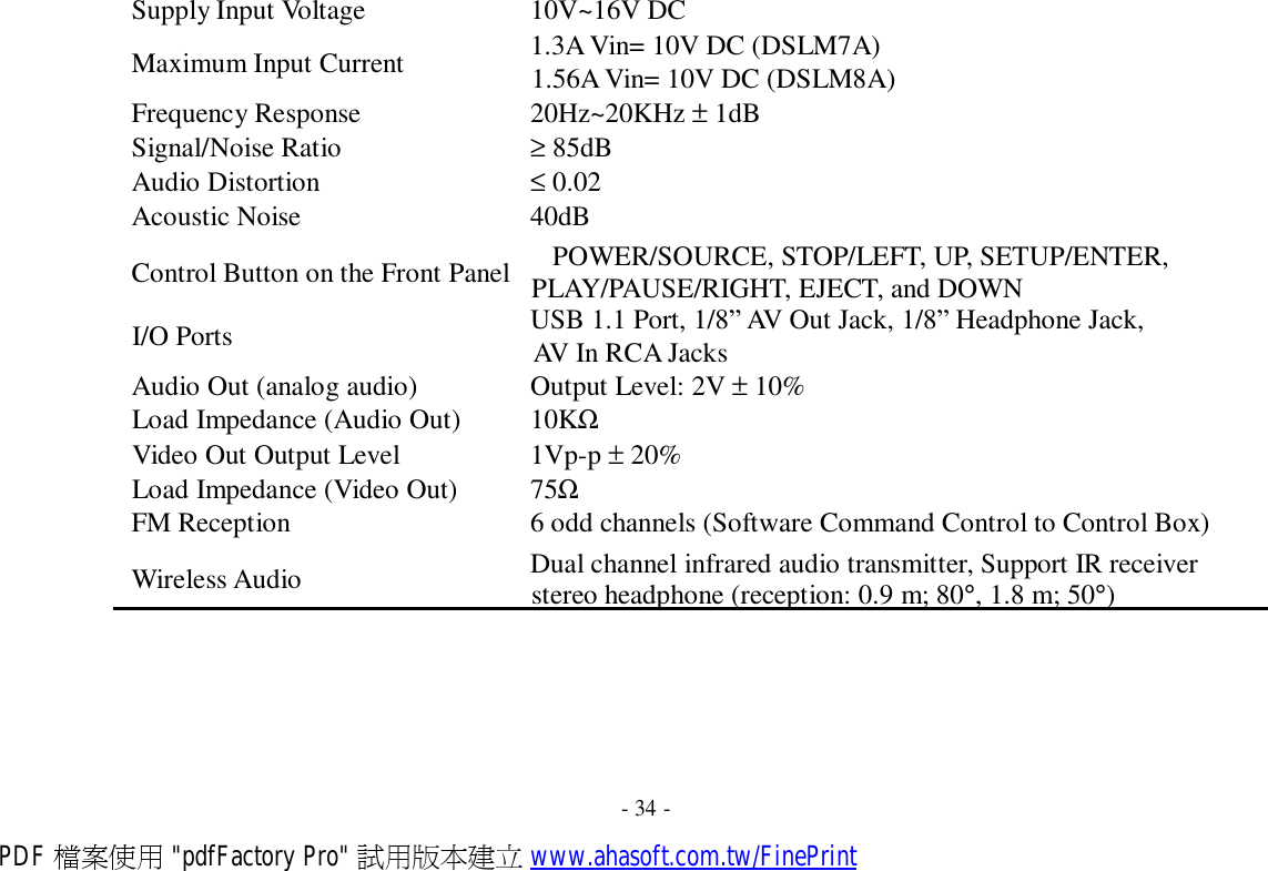 Supply Input Voltage  10V~16V DC Maximum Input Current  1.3A Vin= 10V DC (DSLM7A) 1.56A Vin= 10V DC (DSLM8A) Frequency Response  20Hz~20KHz ± 1dB Signal/Noise Ratio  ≥ 85dB Audio Distortion  ≤ 0.02 Acoustic Noise  40dB Control Button on the Front Panel   POWER/SOURCE, STOP/LEFT, UP, SETUP/ENTER, PLAY/PAUSE/RIGHT, EJECT, and DOWN I/O Ports  USB 1.1 Port, 1/8” AV Out Jack, 1/8” Headphone Jack, AV In RCA Jacks Audio Out (analog audio)  Output Level: 2V ± 10% Load Impedance (Audio Out)  10KΩ Video Out Output Level  1Vp-p ± 20% Load Impedance (Video Out)  75Ω FM Reception  6 odd channels (Software Command Control to Control Box)  Wireless Audio  Dual channel infrared audio transmitter, Support IR receiver stereo headphone (reception: 0.9 m; 80°, 1.8 m; 50°)         - 34 - PDF 檔案使用 &quot;pdfFactory Pro&quot; 試用版本建立 www.ahasoft.com.tw/FinePrint