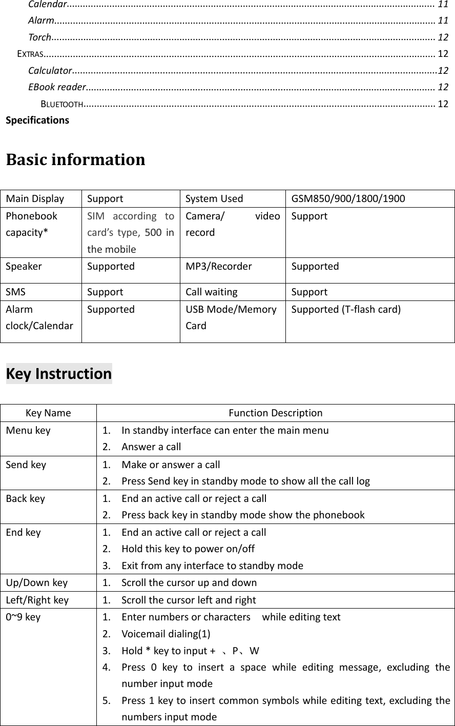 Calendar.......................................................................................................................................... 11Alarm............................................................................................................................................... 11Torch................................................................................................................................................ 12EXTRAS................................................................................................................................................... 12Calculator.........................................................................................................................................12EBook reader................................................................................................................................... 12BLUETOOTH.................................................................................................................................... 12SpecificationsBasic informationMain Display Support System Used GSM850/900/1800/1900Phonebookcapacity*SIM according tocard’s type, 500 inthe mobileCamera/ videorecordSupportSpeaker Supported MP3/Recorder SupportedSMS Support Call waiting SupportAlarmclock/CalendarSupported USB Mode/MemoryCardSupported (T‐flash card)Key InstructionKey Name Function DescriptionMenu key 1. In standby interface can enter the main menu2. Answer a callSend key 1. Make or answer a call2. Press Send key in standby mode to show all the call logBack key 1. End an active call or reject a call2. Press back key in standby mode show the phonebookEnd key 1. End an active call or reject a call2. Hold this key to power on/off3. Exit from any interface to standby modeUp/Down key 1. Scroll the cursor up and downLeft/Right key 1. Scroll the cursor left and right0~9 key 1. Enter numbers or characters while editing text2. Voicemail dialing(1)3. Hold * key to input + 、P、W4. Press 0 key to insert a space while editing message, excluding thenumber input mode5. Press 1 key to insert common symbols while editing text, excluding thenumbers input mode