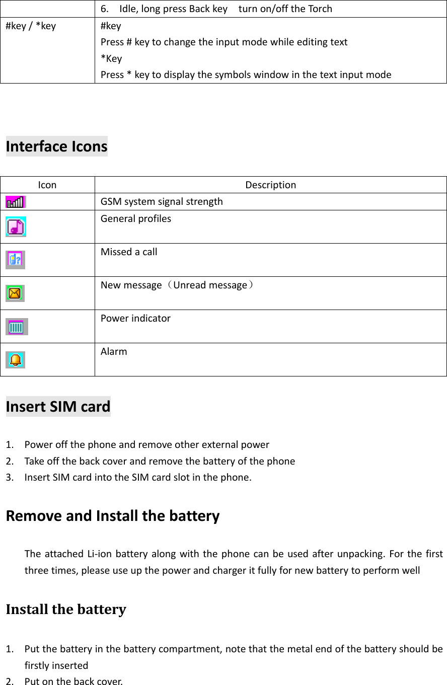 6. Idle, long press Back key turn on/off the Torch#key / *key #keyPress # key to change the input mode while editing text*KeyPress * key to display the symbols window in the text input modeInterface IconsIcon DescriptionGSM system signal strengthGeneral profilesMissed a callNew message（Unread message）Power indicatorAlarmInsert SIM card1. Power off the phone and remove other external power2. Take off the back cover and remove the battery of the phone3. Insert SIM card into the SIM card slot in the phone.Remove and Install the batteryThe attached Li‐ion battery along with the phone can be used after unpacking. For the firstthree times, please use up the power and charger it fully for new battery to perform wellInstall the battery1. Put the battery in the battery compartment, note that the metal end of the battery should befirstly inserted2. Put on the back cover.