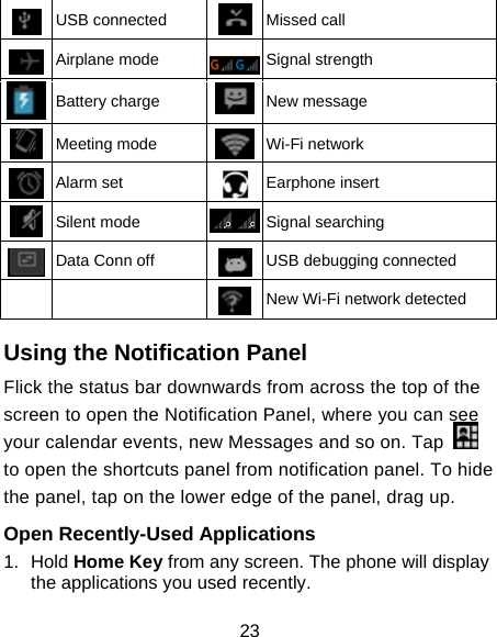 23  USB connected  Missed call  Airplane mode  Signal strength  Battery charge  New message  Meeting mode  Wi-Fi network  Alarm set  Earphone insert  Silent mode  Signal searching  Data Conn off  USB debugging connected   New Wi-Fi network detected  Using the Notification Panel                    Flick the status bar downwards from across the top of the screen to open the Notification Panel, where you can see your calendar events, new Messages and so on. Tap   to open the shortcuts panel from notification panel. To hide the panel, tap on the lower edge of the panel, drag up.    Open Recently-Used Applications 1. Hold Home Key from any screen. The phone will display the applications you used recently. 