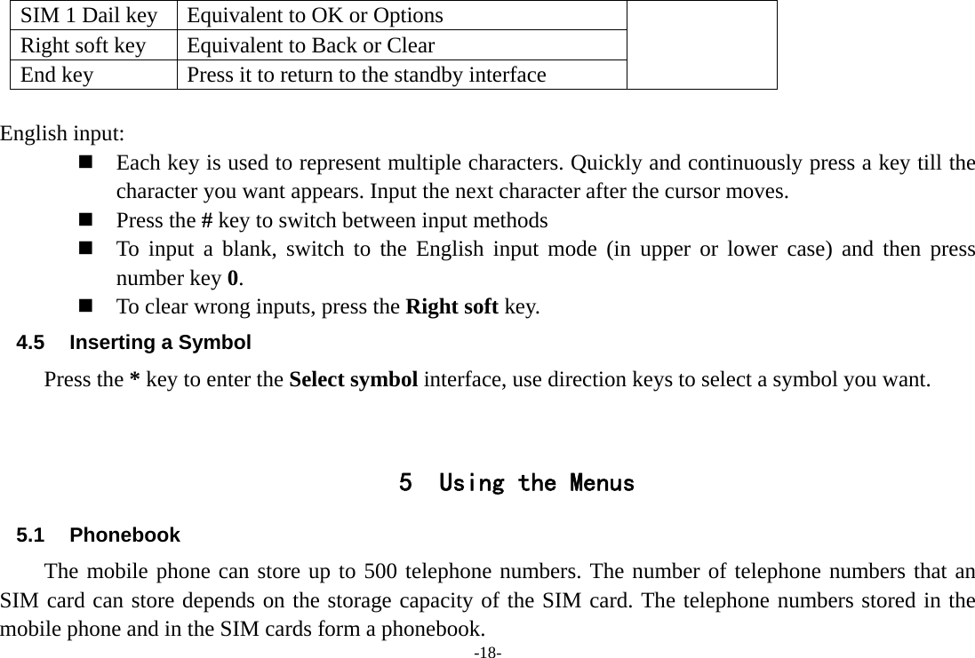 -18- SIM 1 Dail key  Equivalent to OK or Options Right soft key  Equivalent to Back or Clear End key  Press it to return to the standby interface  English input:  Each key is used to represent multiple characters. Quickly and continuously press a key till the character you want appears. Input the next character after the cursor moves.  Press the # key to switch between input methods  To input a blank, switch to the English input mode (in upper or lower case) and then press number key 0.  To clear wrong inputs, press the Right soft key. 4.5  Inserting a Symbol Press the * key to enter the Select symbol interface, use direction keys to select a symbol you want.   5 Using the Menus 5.1 Phonebook The mobile phone can store up to 500 telephone numbers. The number of telephone numbers that an SIM card can store depends on the storage capacity of the SIM card. The telephone numbers stored in the mobile phone and in the SIM cards form a phonebook.   