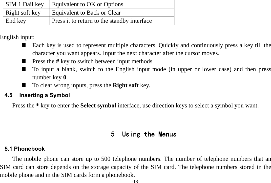 -18- SIM 1 Dail key  Equivalent to OK or Options Right soft key  Equivalent to Back or Clear End key  Press it to return to the standby interface  English input:  Each key is used to represent multiple characters. Quickly and continuously press a key till the character you want appears. Input the next character after the cursor moves.  Press the # key to switch between input methods  To input a blank, switch to the English input mode (in upper or lower case) and then press number key 0.  To clear wrong inputs, press the Right soft key. 4.5  Inserting a Symbol Press the * key to enter the Select symbol interface, use direction keys to select a symbol you want.   5 Using the Menus 5.1 Phonebook The mobile phone can store up to 500 telephone numbers. The number of telephone numbers that an SIM card can store depends on the storage capacity of the SIM card. The telephone numbers stored in the mobile phone and in the SIM cards form a phonebook.   