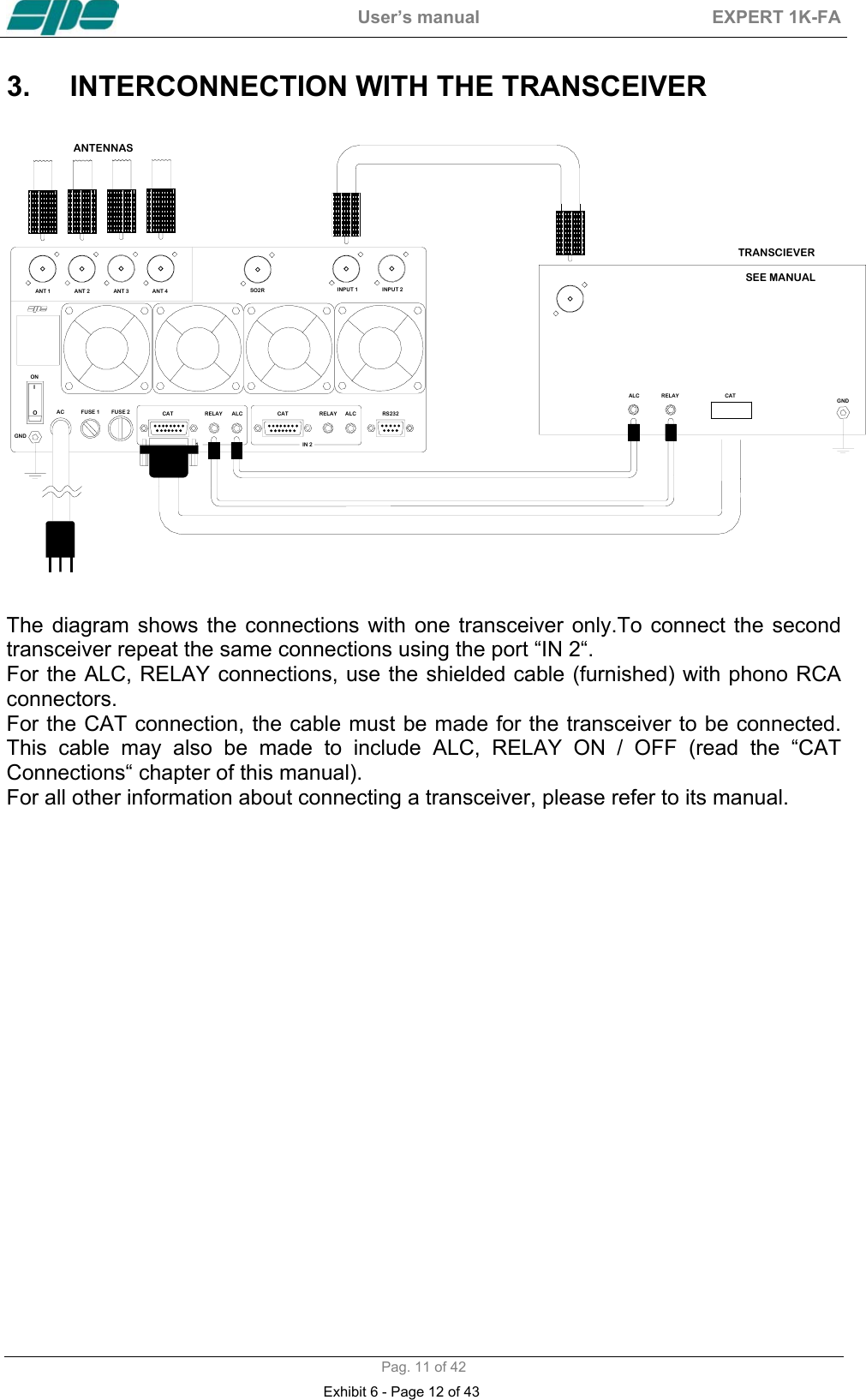  User&rsquo;s manual  EXPERT 1K-FA  Pag. 11 of 42 3.  INTERCONNECTION WITH THE TRANSCEIVER                                                               ANT 1FUSE 2FUSE 1AC RELAYCAT ALC CAT ALCRELAY RS232ONIOANT 2 ANT 4ANT 3 INPUT 1 INPUT 2ALC RELAYGNDTRANSCIEVERGNDIN 2   1CATSEE MANUALANTENNASSO2R  The diagram shows the connections with one transceiver only.To connect the second transceiver repeat the same connections using the port &ldquo;IN 2&ldquo;. For the ALC, RELAY connections, use the shielded cable (furnished) with phono RCA connectors. For the CAT connection, the cable must be made for the transceiver to be connected. This cable may also be made to include ALC, RELAY ON / OFF (read the &ldquo;CAT Connections&ldquo; chapter of this manual). For all other information about connecting a transceiver, please refer to its manual.  Exhibit 6 - Page 12 of 43