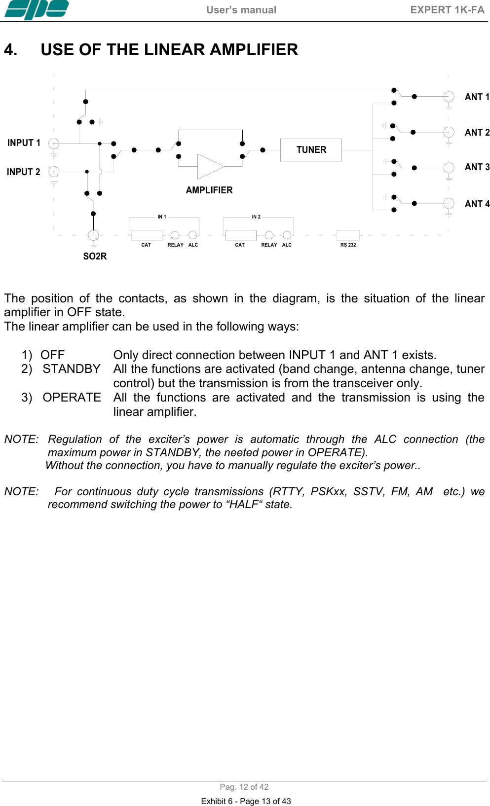  User&rsquo;s manual  EXPERT 1K-FA  Pag. 12 of 42 4.  USE OF THE LINEAR AMPLIFIER   TUNERANT 1ANT 2ANT 3ANT 4INPUT 1INPUT 2AMPLIFIERALC RS 232CAT RELAY ALCCAT RELAYIN 1 IN 2SO2R                                                                   The position of the contacts, as shown in the diagram, is the situation of the linear amplifier in OFF state. The linear amplifier can be used in the following ways:       1)  OFF    Only direct connection between INPUT 1 and ANT 1 exists.      2)   STANDBY  All the functions are activated (band change, antenna change, tuner control) but the transmission is from the transceiver only.      3)   OPERATE  All  the  functions  are activated and the transmission is using the linear amplifier.  NOTE:  Regulation of the exciter&rsquo;s power is automatic through the ALC connection (the maximum power in STANDBY, the neeted power in OPERATE).               Without the connection, you have to manually regulate the exciter&rsquo;s power..   NOTE:   For continuous duty cycle transmissions (RTTY, PSKxx, SSTV, FM, AM  etc.) we recommend switching the power to &ldquo;HALF&ldquo; state.   Exhibit 6 - Page 13 of 43