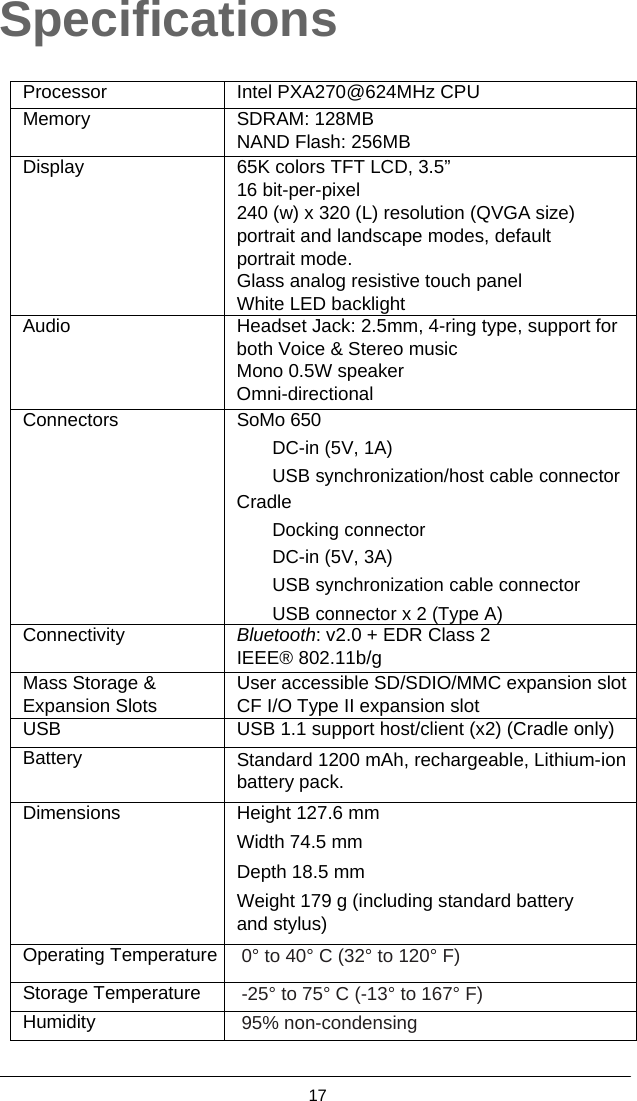  17  Specifications   Processor Intel PXA270@624MHz CPU Memory SDRAM: 128MB NAND Flash: 256MB Display 65K colors TFT LCD, 3.5”16 bit-per-pixel 240 (w) x 320 (L) resolution (QVGA size) portrait and landscape modes, default portrait mode. Glass analog resistive touch panel White LED backlightAudio Headset Jack: 2.5mm, 4-ring type, support for both Voice &amp; Stereo music Mono 0.5W speaker   Omni-directional Connectors SoMo 650DC-in (5V, 1A) USB synchronization/host cable connector Cradle Docking connector DC-in (5V, 3A) USB synchronization cable connector USB connectorx 2(Type A)Connectivity Bluetooth: v2.0 + EDR Class 2 IEEE® 802.11b/g Mass Storage &amp; Expansion Slots User accessible SD/SDIO/MMC expansion slot CF I/O Type II expansion slot USB USB 1.1 support host/client (x2) (Cradle only) Battery Standard 1200 mAh, rechargeable, Lithium-ion battery pack. Dimensions Height 127.6 mm Width 74.5 mm Depth 18.5 mm Weight 179 g (including standard battery and stylus) Operating Temperature     0° to 40° C (32° to 120° F) Storage Temperature      -25° to 75° C (-13° to 167° F) Humidity    95% non-condensing 