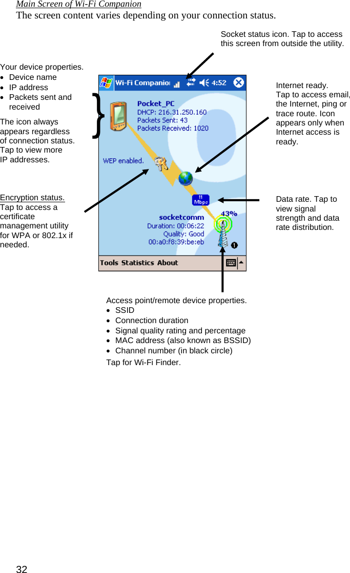 32 Main Screen of Wi-Fi Companion The screen content varies depending on your connection status.                Your device properties. • Device name • IP address • Packets sent and received  The icon always appears regardless  of connection status.  Tap to view more  IP addresses. Encryption status. Tap to access a certificate management utility for WPA or 802.1x if needed. Data rate. Tap to view signal strength and data rate distribution. Socket status icon. Tap to access this screen from outside the utility. Access point/remote device properties. • SSID • Connection duration •  Signal quality rating and percentage •  MAC address (also known as BSSID) •  Channel number (in black circle)  Tap for Wi-Fi Finder. }  Internet ready.  Tap to access email, the Internet, ping or trace route. Icon appears only when Internet access is ready. 