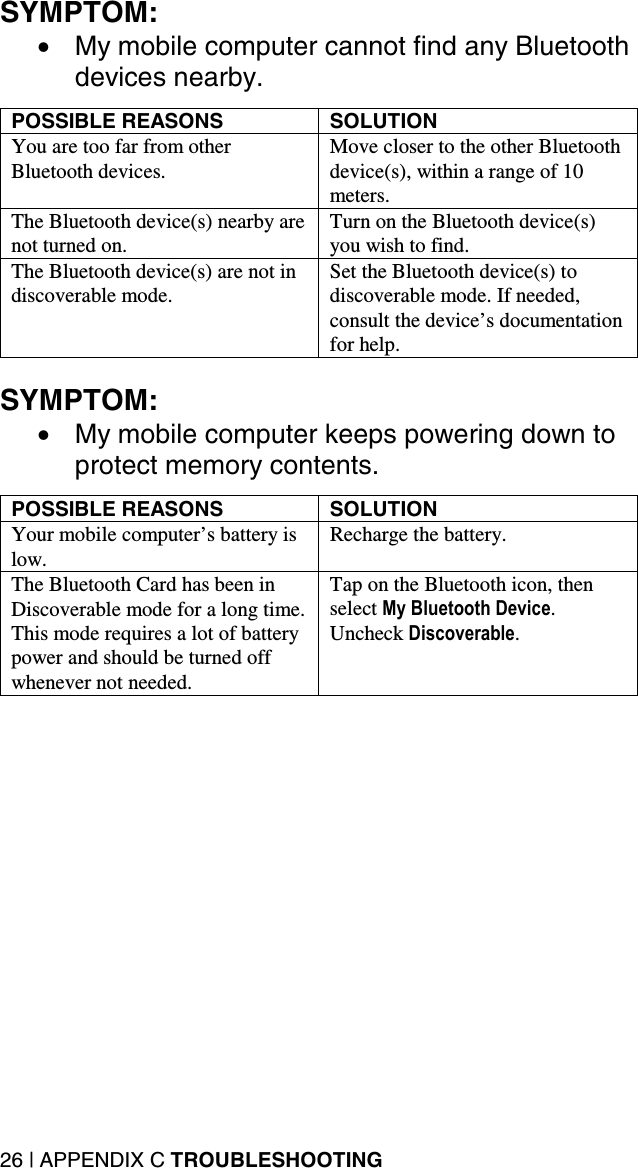 26 | APPENDIX C TROUBLESHOOTING SYMPTOM:  •  My mobile computer cannot find any Bluetooth devices nearby.  POSSIBLE REASONS  SOLUTION You are too far from other Bluetooth devices.  Move closer to the other Bluetooth device(s), within a range of 10 meters. The Bluetooth device(s) nearby are not turned on. Turn on the Bluetooth device(s) you wish to find. The Bluetooth device(s) are not in discoverable mode. Set the Bluetooth device(s) to discoverable mode. If needed, consult the device’s documentation for help.  SYMPTOM:  •  My mobile computer keeps powering down to protect memory contents.  POSSIBLE REASONS  SOLUTION Your mobile computer’s battery is low.  Recharge the battery. The Bluetooth Card has been in Discoverable mode for a long time. This mode requires a lot of battery power and should be turned off whenever not needed. Tap on the Bluetooth icon, then select My Bluetooth Device. Uncheck Discoverable. 