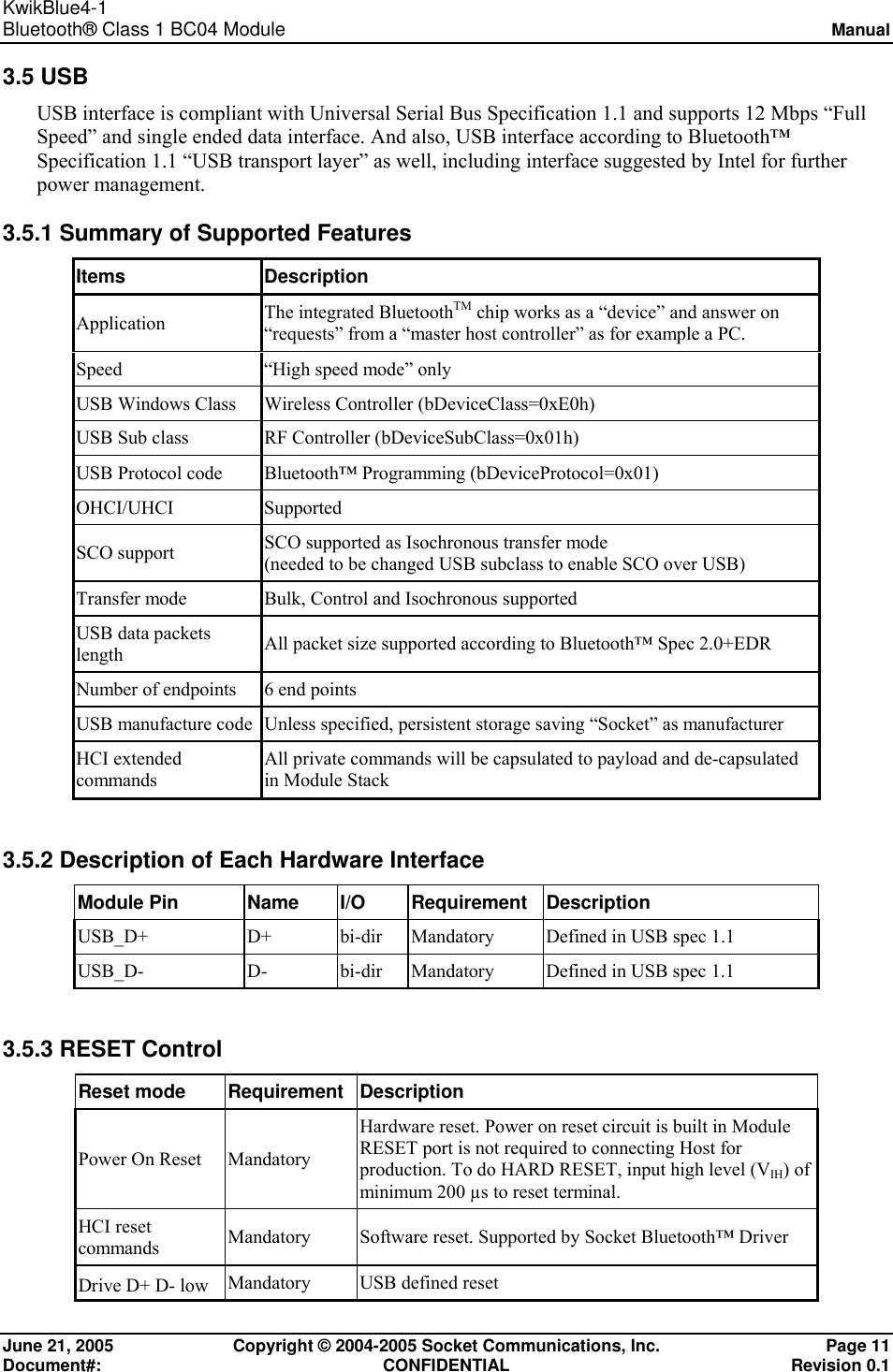 KwikBlue4-1  Bluetooth® Class 1 BC04 Module Manual  June 21, 2005  Copyright © 2004-2005 Socket Communications, Inc.  Page 11 Document#: CONFIDENTIAL Revision 0.1 3.5 USB USB interface is compliant with Universal Serial Bus Specification 1.1 and supports 12 Mbps “Full Speed” and single ended data interface. And also, USB interface according to Bluetooth™ Specification 1.1 “USB transport layer” as well, including interface suggested by Intel for further power management. 3.5.1 Summary of Supported Features Items Description Application  The integrated BluetoothTM chip works as a “device” and answer on “requests” from a “master host controller” as for example a PC. Speed  “High speed mode” only USB Windows Class  Wireless Controller (bDeviceClass=0xE0h) USB Sub class  RF Controller (bDeviceSubClass=0x01h) USB Protocol code  Bluetooth™ Programming (bDeviceProtocol=0x01) OHCI/UHCI Supported SCO support  SCO supported as Isochronous transfer mode  (needed to be changed USB subclass to enable SCO over USB) Transfer mode  Bulk, Control and Isochronous supported USB data packets length  All packet size supported according to Bluetooth™ Spec 2.0+EDR Number of endpoints   6 end points USB manufacture code  Unless specified, persistent storage saving “Socket” as manufacturer HCI extended commands All private commands will be capsulated to payload and de-capsulated in Module Stack  3.5.2 Description of Each Hardware Interface Module Pin  Name  I/O  Requirement Description USB_D+   D+  bi-dir  Mandatory  Defined in USB spec 1.1 USB_D-  D-  bi-dir  Mandatory  Defined in USB spec 1.1  3.5.3 RESET Control Reset mode  Requirement  Description Power On Reset  Mandatory Hardware reset. Power on reset circuit is built in Module RESET port is not required to connecting Host for production. To do HARD RESET, input high level (VIH) of minimum 200 µs to reset terminal.  HCI reset commands  Mandatory  Software reset. Supported by Socket Bluetooth™ Driver Drive D+ D- low  Mandatory  USB defined reset 