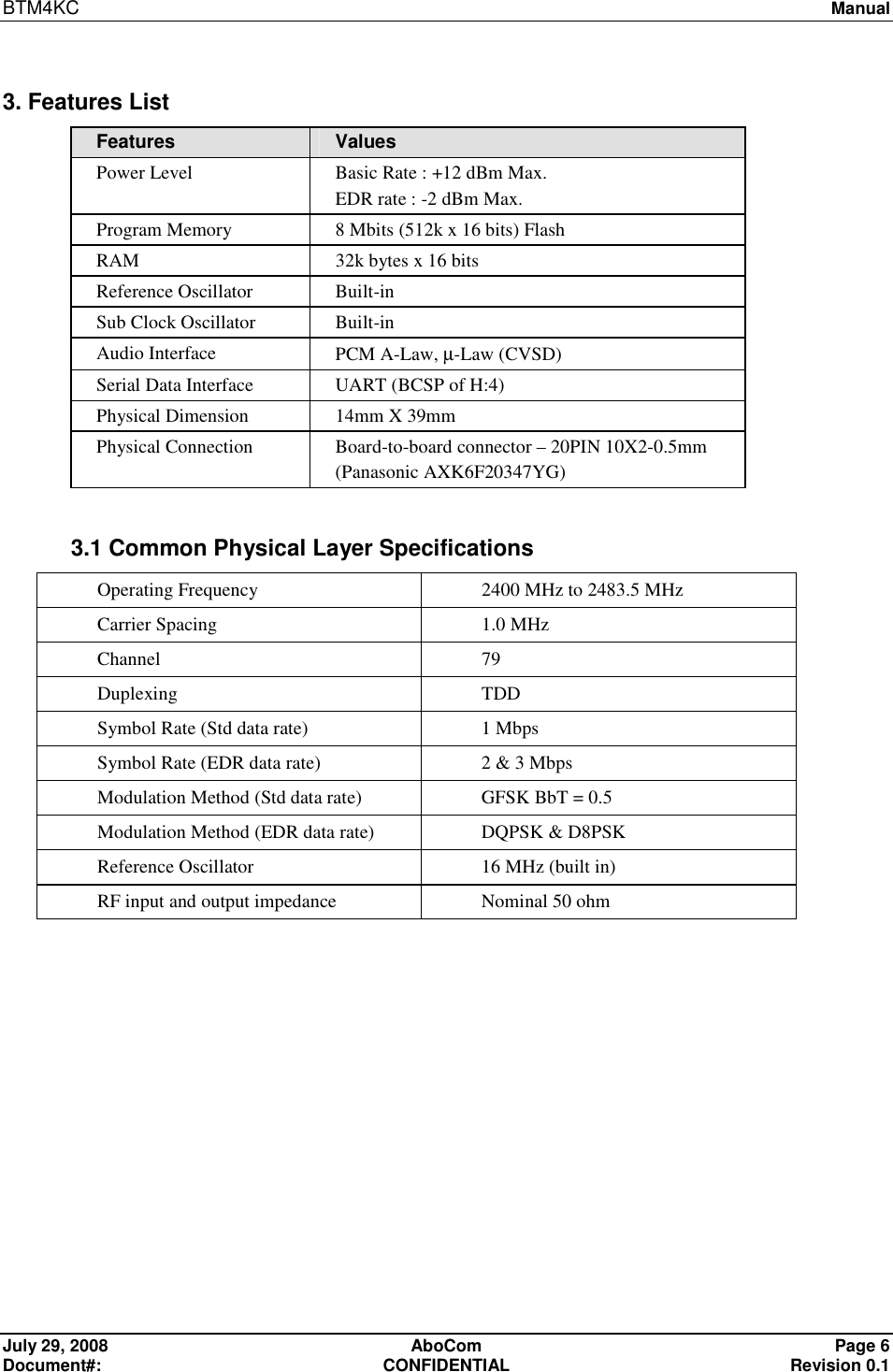 BTM4KC   Manual  July 29, 2008  AboCom  Page 6 Document#:  CONFIDENTIAL  Revision 0.1  3. Features List Features  Values Power Level  Basic Rate : +12 dBm Max. EDR rate : -2 dBm Max. Program Memory  8 Mbits (512k x 16 bits) Flash RAM  32k bytes x 16 bits Reference Oscillator  Built-in Sub Clock Oscillator  Built-in Audio Interface  PCM A-Law, µ-Law (CVSD) Serial Data Interface  UART (BCSP of H:4) Physical Dimension  14mm X 39mm Physical Connection  Board-to-board connector – 20PIN 10X2-0.5mm        (Panasonic AXK6F20347YG)  3.1 Common Physical Layer Specifications Operating Frequency  2400 MHz to 2483.5 MHz Carrier Spacing  1.0 MHz Channel  79  Duplexing  TDD Symbol Rate (Std data rate)  1 Mbps Symbol Rate (EDR data rate)  2 &amp; 3 Mbps Modulation Method (Std data rate)  GFSK BbT = 0.5 Modulation Method (EDR data rate)  DQPSK &amp; D8PSK Reference Oscillator  16 MHz (built in) RF input and output impedance  Nominal 50 ohm   