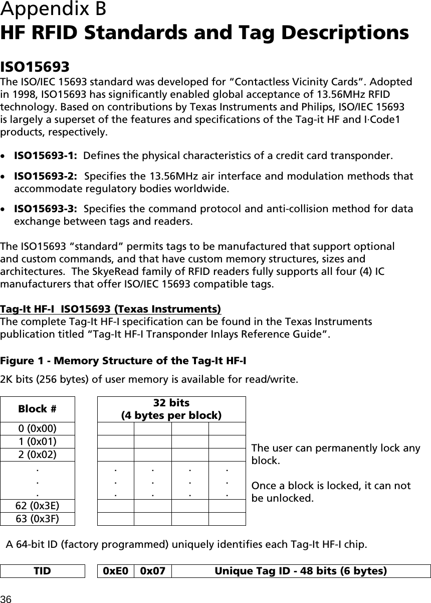 36 Appendix B  HF RFID Standards and Tag Descriptions  ISO15693 The ISO/IEC 15693 standard was developed for “Contactless Vicinity Cards”. Adopted in 1998, ISO15693 has significantly enabled global acceptance of 13.56MHz RFID technology. Based on contributions by Texas Instruments and Philips, ISO/IEC 15693 is largely a superset of the features and specifications of the Tag-it HF and I·Code1 products, respectively.    ISO15693-1:  Defines the physical characteristics of a credit card transponder.   ISO15693-2:  Specifies the 13.56MHz air interface and modulation methods that accommodate regulatory bodies worldwide.    ISO15693-3:  Specifies the command protocol and anti-collision method for data exchange between tags and readers.   The ISO15693 “standard” permits tags to be manufactured that support optional and custom commands, and that have custom memory structures, sizes and architectures.  The SkyeRead family of RFID readers fully supports all four (4) IC manufacturers that offer ISO/IEC 15693 compatible tags.  Tag-It HF-I  ISO15693 (Texas Instruments) The complete Tag-It HF-I specification can be found in the Texas Instruments publication titled “Tag-It HF-I Transponder Inlays Reference Guide”.  Figure 1 - Memory Structure of the Tag-It HF-I 2K bits (256 bytes) of user memory is available for read/write.   Block #  32 bits (4 bytes per block) 0 (0x00)         1 (0x01)         2 (0x02)         . . . . . . . . . . . . . . . 62 (0x3E)         63 (0x3F)           The user can permanently lock any block.   Once a block is locked, it can not be unlocked.   A 64-bit ID (factory programmed) uniquely identifies each Tag-It HF-I chip.   TID    0xE0  0x07 Unique Tag ID - 48 bits (6 bytes)  