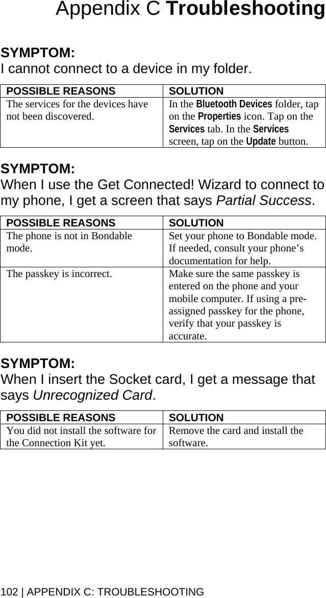 Appendix C Troubleshooting   SYMPTOM:  I cannot connect to a device in my folder.  POSSIBLE REASONS  SOLUTION The services for the devices have not been discovered.  In the Bluetooth Devices folder, tap on the Properties icon. Tap on the Services tab. In the Services screen, tap on the Update button.  SYMPTOM:  When I use the Get Connected! Wizard to connect to my phone, I get a screen that says Partial Success.  POSSIBLE REASONS  SOLUTION The phone is not in Bondable mode.  Set your phone to Bondable mode. If needed, consult your phone’s documentation for help.  The passkey is incorrect.  Make sure the same passkey is entered on the phone and your mobile computer. If using a pre-assigned passkey for the phone, verify that your passkey is accurate.  SYMPTOM:  When I insert the Socket card, I get a message that says Unrecognized Card.  POSSIBLE REASONS  SOLUTION You did not install the software for the Connection Kit yet.  Remove the card and install the software.  102 | APPENDIX C: TROUBLESHOOTING 