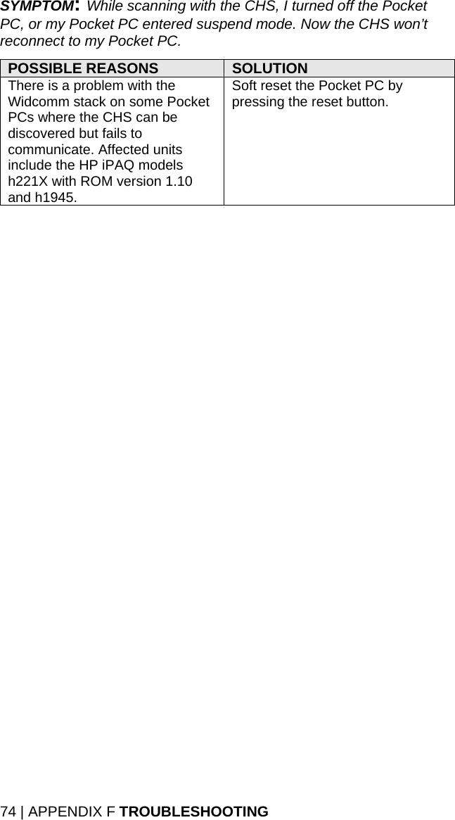 SYMPTOM: While scanning with the CHS, I turned off the Pocket PC, or my Pocket PC entered suspend mode. Now the CHS won’t reconnect to my Pocket PC.  POSSIBLE REASONS  SOLUTION There is a problem with the Widcomm stack on some Pocket PCs where the CHS can be discovered but fails to communicate. Affected units include the HP iPAQ models h221X with ROM version 1.10 and h1945. Soft reset the Pocket PC by pressing the reset button.  74 | APPENDIX F TROUBLESHOOTING 