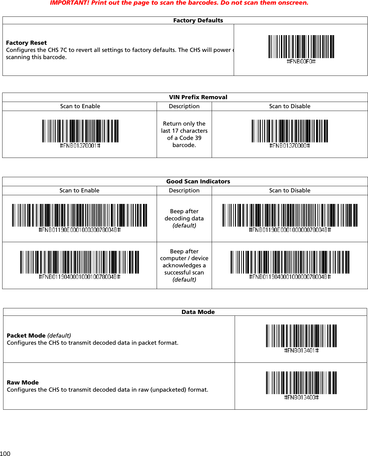 100 IMPORTANT! Print out the page to scan the barcodes. Do not scan them onscreen.   Factory Defaults Factory Reset Configures the CHS 7C to revert all settings to factory defaults. The CHS will power oscanning this barcode.     VIN Prefix Removal Scan to Enable Description  Scan to Disable  Return only the last 17 characters of a Code 39 barcode.     Good Scan Indicators Scan to Enable Description  Scan to Disable  Beep after decoding data (default)    Beep after computer / device acknowledges a successful scan (default)      Data Mode Packet Mode (default) Configures the CHS to transmit decoded data in packet format.  Raw Mode Configures the CHS to transmit decoded data in raw (unpacketed) format.  
