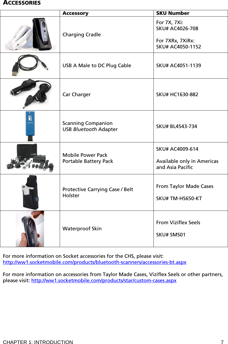 CHAPTER 1: INTRODUCTION  7 ACCESSORIES   Accessory SKU Number  Charging Cradle For 7X, 7Xi:  SKU# AC4026-708  For 7XRx, 7XiRx:  SKU# AC4050-1152  USB A Male to DC Plug Cable  SKU# AC4051-1139  Car Charger  SKU# HC1630-882  Scanning Companion USB Bluetooth Adapter  SKU# BL4543-734  Mobile Power Pack Portable Battery Pack SKU# AC4009-614  Available only in Americas and Asia Pacific  Protective Carrying Case / Belt Holster From Taylor Made Cases  SKU# TM-HS650-KT  Waterproof Skin From Viziflex Seels  SKU# SMS01  For more information on Socket accessories for the CHS, please visit: http://ww1.socketmobile.com/products/bluetooth-scanners/accessories-bt.aspx  For more information on accessories from Taylor Made Cases, Viziflex Seels or other partners, please visit: http://ww1.socketmobile.com/products/star/custom-cases.aspx 