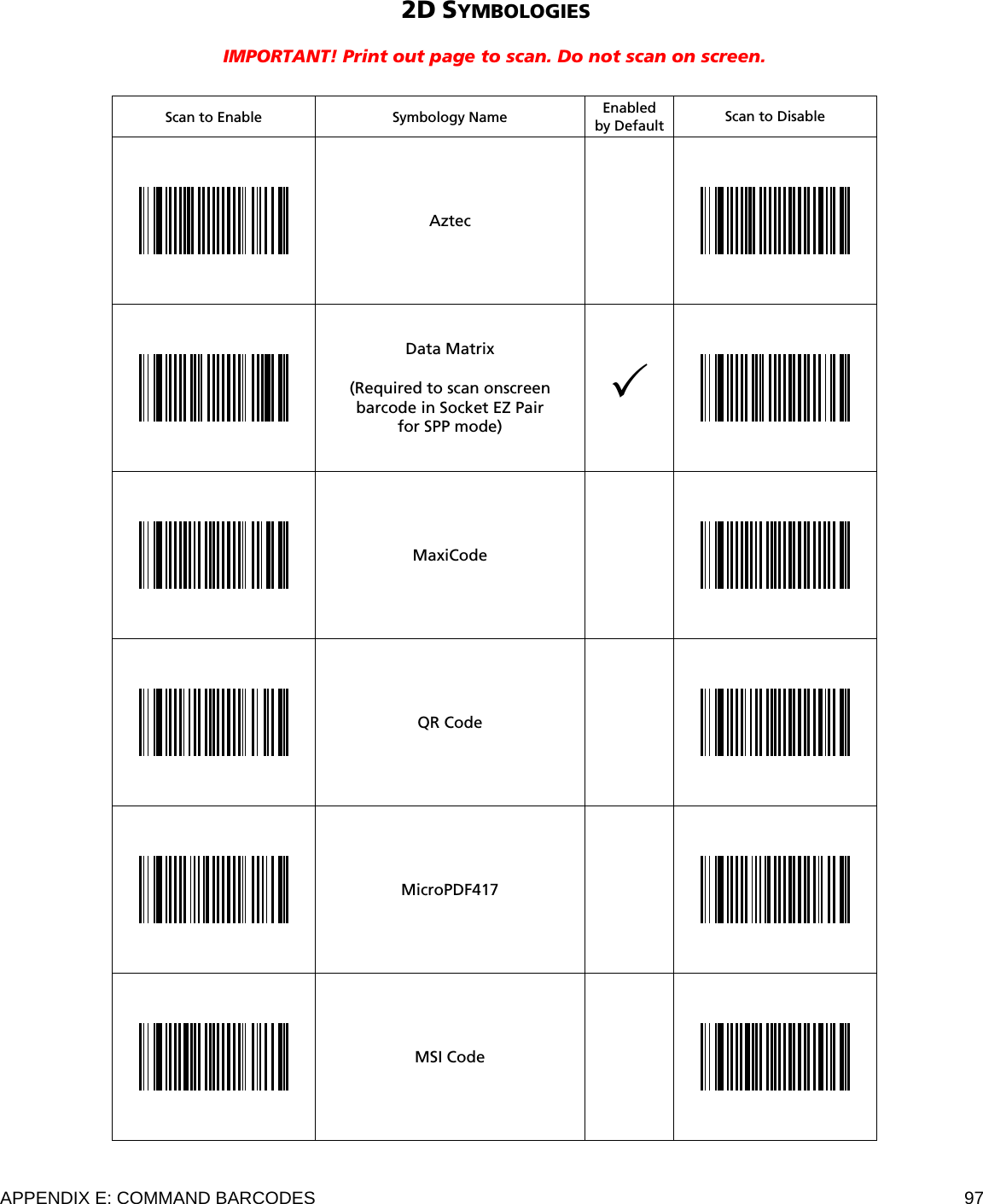  APPENDIX E: COMMAND BARCODES  97 2D SYMBOLOGIES  IMPORTANT! Print out page to scan. Do not scan on screen.    Scan to Enable  Symbology Name Enabled by Default  Scan to Disable  Aztec     Data Matrix  (Required to scan onscreen barcode in Socket EZ Pair  for SPP mode)    MaxiCode     QR Code    MicroPDF417     MSI Code     