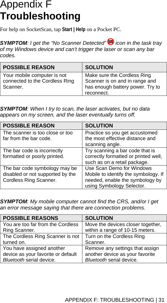 Appendix F  Troubleshooting  For help on SocketScan, tap Start | Help on a Pocket PC.  SYMPTOM: I get the “No Scanner Detected”   icon in the task tray of my Windows device and can’t trigger the laser or scan any bar codes.  POSSIBLE REASON  SOLUTION Your mobile computer is not connected to the Cordless Ring Scanner. Make sure the Cordless Ring Scanner is on and in range and has enough battery power. Try to reconnect.  SYMPTOM: When I try to scan, the laser activates, but no data appears on my screen, and the laser eventually turns off.  POSSIBLE REASON  SOLUTION The scanner is too close or too far from the bar code. Practice so you get accustomed the most effective distance and scanning angle. The bar code is incorrectly formatted or poorly printed.  Try scanning a bar code that is correctly formatted or printed well, such as on a retail package. The bar code symbology may be disabled or not supported by the Cordless Ring Scanner. Use Scan Demo for Windows Mobile to identify the symbology. If needed, enable the symbology by using Symbology Selector.   SYMPTOM: My mobile computer cannot find the CRS, and/or I get an error message saying that there are connection problems.  POSSIBLE REASONS  SOLUTION You are too far from the Cordless Ring Scanner.  Move the devices closer together, within a range of 10-15 meters. The Cordless Ring Scanner is not turned on.  Turn on the Cordless Ring Scanner. You have assigned another device as your favorite or default Bluetooth serial device. Remove any settings that assign another device as your favorite Bluetooth serial device. APPENDIX F: TROUBLESHOOTING | 31 