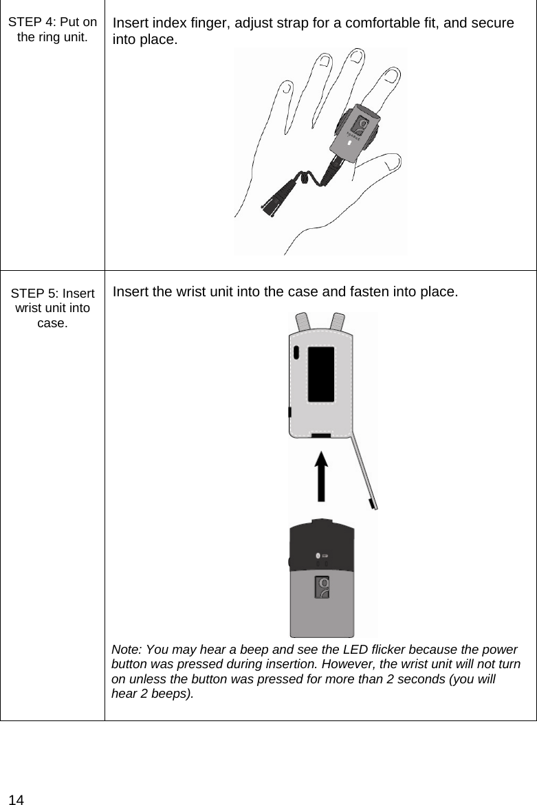 14  STEP 4: Put on the ring unit.  Insert index finger, adjust strap for a comfortable fit, and secure into place.     STEP 5: Insert wrist unit into case.  Insert the wrist unit into the case and fasten into place.   Note: You may hear a beep and see the LED flicker because the power button was pressed during insertion. However, the wrist unit will not turn on unless the button was pressed for more than 2 seconds (you will hear 2 beeps).  