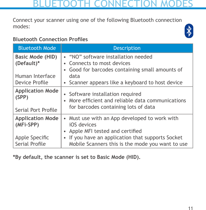 Connect your scanner using one of the following Bluetooth connection modes:Bluetooth Connection ProlesBluetooth Mode DescriptionBasic Mode (HID)  (Default)*Human Interface Device Prole•  “NO” software installation needed•  Connects to most devices•  Good for barcodes containing small amounts of data•  Scanner appears like a keyboard to host deviceApplication Mode (SPP)Serial Port Prole•  Software installation required•  More efcient and reliable data communications for barcodes containing lots of dataApplication Mode(MFi-SPP)Apple Specic  Serial Prole•  Must use with an App developed to work with  iOS devices•  Apple MFI tested and certied•  If you have an application that supports Socket Mobile Scanners this is the mode you want to use*By default, the scanner is set to Basic Mode (HID).BLUETOOTH CONNECTION MODES11