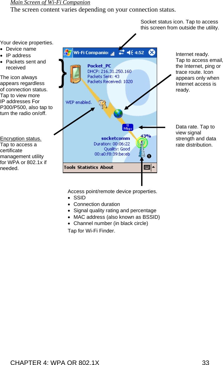 Main Screen of Wi-Fi Companion The screen content varies depending on your connection status.   Socket status icon. Tap to access this screen from outside the utility.              Your device properties. • Device name • IP address •  Packets sent and received  The icon always appears regardless  of connection status.  Tap to view more  IP addresses For P300/P500, also tap to turn the radio on/off. Access point/remote device properties. • SSID • Connection duration •  Signal quality rating and percentage •  MAC address (also known as BSSID) •  Channel number (in black circle)  Tap for Wi-Fi Finder. } Encryption status. Tap to access a certificate management utility for WPA or 802.1x if needed. Internet ready.  Tap to access email, the Internet, ping or trace route. Icon appears only when Internet access is ready. Data rate. Tap to view signal strength and data rate distribution. CHAPTER 4: WPA OR 802.1X   33 
