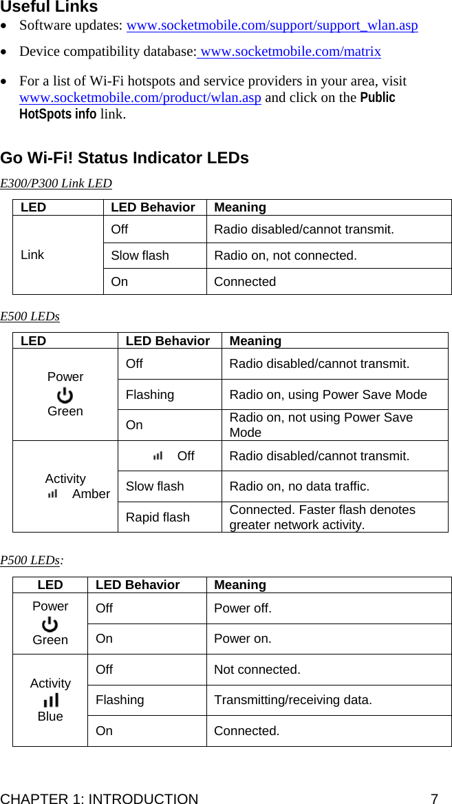 Useful Links • Software updates: www.socketmobile.com/support/support_wlan.asp  • Device compatibility database: www.socketmobile.com/matrix     • For a list of Wi-Fi hotspots and service providers in your area, visit www.socketmobile.com/product/wlan.asp and click on the Public HotSpots info link.   Go Wi-Fi! Status Indicator LEDs  E300/P300 Link LED  LED LED Behavior Meaning Off  Radio disabled/cannot transmit. Slow flash  Radio on, not connected. Link On Connected  E500 LEDs  LED   LED Behavior  Meaning Off  Radio disabled/cannot transmit. Flashing  Radio on, using Power Save Mode Power  Green  On  Radio on, not using Power Save Mode   Off  Radio disabled/cannot transmit. Slow flash  Radio on, no data traffic. Activity  Amber Rapid flash  Connected. Faster flash denotes greater network activity.  P500 LEDs:  LED LED Behavior Meaning Off Power off. Power  Green  On Power on. Off Not connected. Flashing Transmitting/receiving data. Activity  Blue  On Connected.  CHAPTER 1: INTRODUCTION  7 