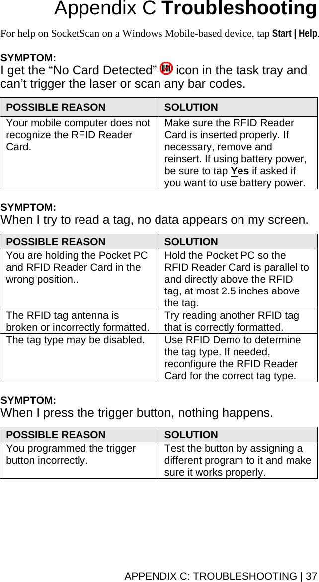  Appendix C Troubleshooting  For help on SocketScan on a Windows Mobile-based device, tap Start | Help.  SYMPTOM: I get the “No Card Detected”   icon in the task tray and can’t trigger the laser or scan any bar codes.  POSSIBLE REASON  SOLUTION Your mobile computer does not recognize the RFID Reader Card. Make sure the RFID Reader Card is inserted properly. If necessary, remove and reinsert. If using battery power, be sure to tap Yes if asked if you want to use battery power.  SYMPTOM: When I try to read a tag, no data appears on my screen.  POSSIBLE REASON  SOLUTION You are holding the Pocket PC and RFID Reader Card in the wrong position.. Hold the Pocket PC so the RFID Reader Card is parallel to and directly above the RFID tag, at most 2.5 inches above the tag. The RFID tag antenna is broken or incorrectly formatted.  Try reading another RFID tag that is correctly formatted. The tag type may be disabled.  Use RFID Demo to determine the tag type. If needed, reconfigure the RFID Reader Card for the correct tag type.   SYMPTOM:  When I press the trigger button, nothing happens.  POSSIBLE REASON  SOLUTION You programmed the trigger button incorrectly. Test the button by assigning a different program to it and make sure it works properly.  APPENDIX C: TROUBLESHOOTING | 37 