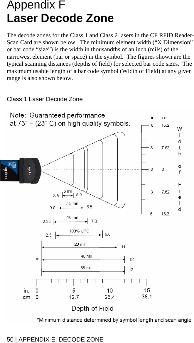 Appendix F  Laser Decode Zone  The decode zones for the Class 1 and Class 2 lasers in the CF RFID Reader-Scan Card are shown below.  The minimum element width (“X Dimension” or bar code “size”) is the width in thousandths of an inch (mils) of the narrowest element (bar or space) in the symbol.  The figures shown are the typical scanning distances (depths of field) for selected bar code sizes.  The maximum usable length of a bar code symbol (Width of Field) at any given range is also shown below.  Class 1 Laser Decode Zone  50 | APPENDIX E: DECODE ZONE 