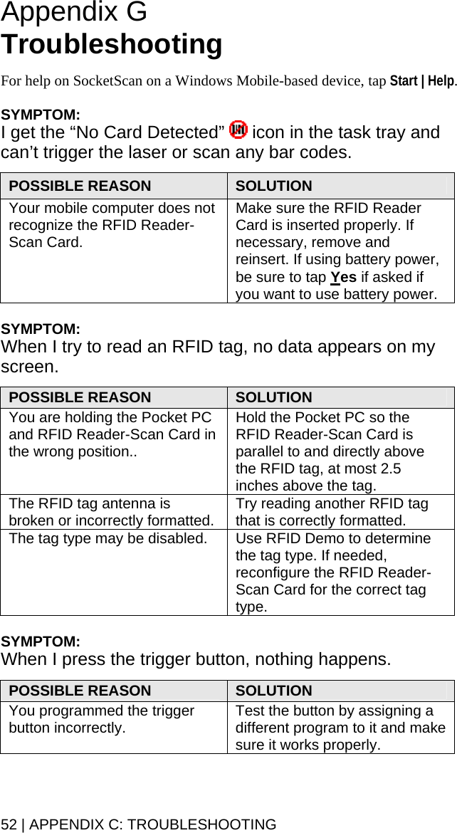 Appendix G  Troubleshooting  For help on SocketScan on a Windows Mobile-based device, tap Start | Help.  SYMPTOM: I get the “No Card Detected”   icon in the task tray and can’t trigger the laser or scan any bar codes.  POSSIBLE REASON  SOLUTION Your mobile computer does not recognize the RFID Reader-Scan Card. Make sure the RFID Reader Card is inserted properly. If necessary, remove and reinsert. If using battery power, be sure to tap Yes if asked if you want to use battery power.  SYMPTOM: When I try to read an RFID tag, no data appears on my screen.  POSSIBLE REASON  SOLUTION You are holding the Pocket PC and RFID Reader-Scan Card in the wrong position.. Hold the Pocket PC so the RFID Reader-Scan Card is parallel to and directly above the RFID tag, at most 2.5 inches above the tag. The RFID tag antenna is broken or incorrectly formatted.  Try reading another RFID tag that is correctly formatted. The tag type may be disabled.  Use RFID Demo to determine the tag type. If needed, reconfigure the RFID Reader-Scan Card for the correct tag type.   SYMPTOM:  When I press the trigger button, nothing happens.  POSSIBLE REASON  SOLUTION You programmed the trigger button incorrectly. Test the button by assigning a different program to it and make sure it works properly.  52 | APPENDIX C: TROUBLESHOOTING 