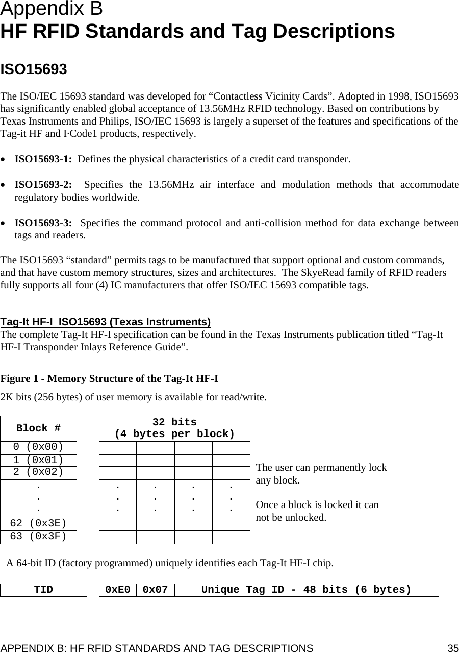  APPENDIX B: HF RFID STANDARDS AND TAG DESCRIPTIONS  35 Appendix B  HF RFID Standards and Tag Descriptions  ISO15693  The ISO/IEC 15693 standard was developed for “Contactless Vicinity Cards”. Adopted in 1998, ISO15693 has significantly enabled global acceptance of 13.56MHz RFID technology. Based on contributions by Texas Instruments and Philips, ISO/IEC 15693 is largely a superset of the features and specifications of the Tag-it HF and I·Code1 products, respectively.   • ISO15693-1:  Defines the physical characteristics of a credit card transponder.  • ISO15693-2:   Specifies the 13.56MHz air interface and modulation methods that accommodate regulatory bodies worldwide.   • ISO15693-3:  Specifies the command protocol and anti-collision method for data exchange between tags and readers.   The ISO15693 “standard” permits tags to be manufactured that support optional and custom commands, and that have custom memory structures, sizes and architectures.  The SkyeRead family of RFID readers fully supports all four (4) IC manufacturers that offer ISO/IEC 15693 compatible tags.   Tag-It HF-I  ISO15693 (Texas Instruments) The complete Tag-It HF-I specification can be found in the Texas Instruments publication titled “Tag-It HF-I Transponder Inlays Reference Guide”.  Figure 1 - Memory Structure of the Tag-It HF-I 2K bits (256 bytes) of user memory is available for read/write.   Block #  32 bits (4 bytes per block) 0 (0x00)         1 (0x01)         2 (0x02)         . . . . . . . . . . . . . . . 62 (0x3E)         63 (0x3F)           The user can permanently lock any block.   Once a block is locked it can not be unlocked.   A 64-bit ID (factory programmed) uniquely identifies each Tag-It HF-I chip.   TID    0xE0  0x07 Unique Tag ID - 48 bits (6 bytes)   