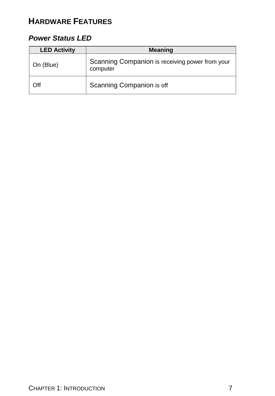 CHAPTER 1: INTRODUCTION 7 HARDWARE FEATURES  Power Status LED  LED Activity  Meaning On (Blue)  Scanning Companion is receiving power from your computer Off  Scanning Companion is off   