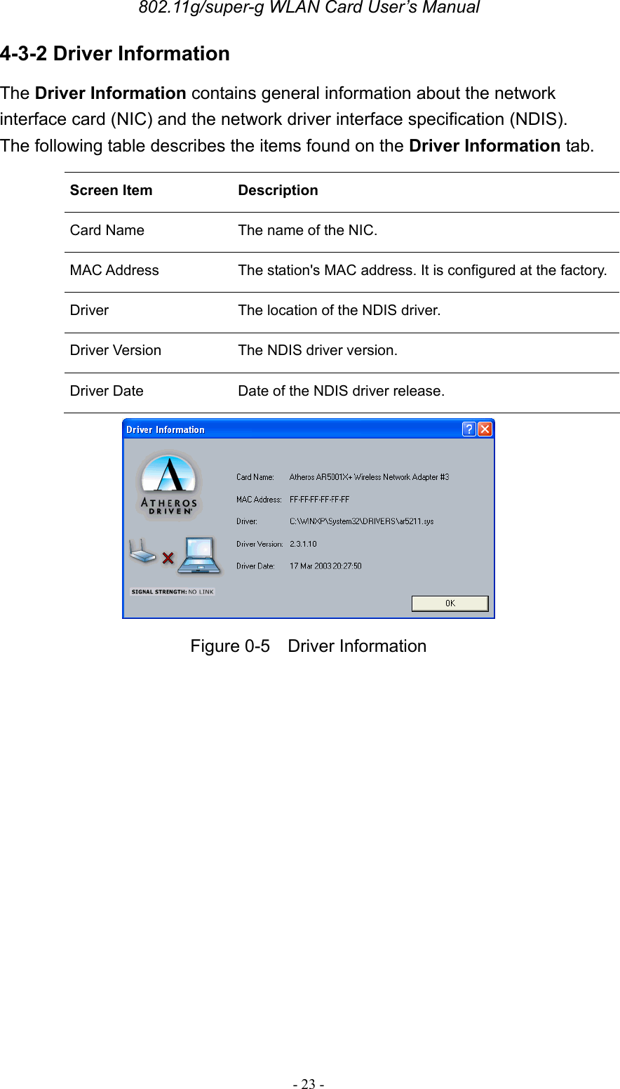 802.11g/super-g WLAN Card User’s Manual - 23 - 4-3-2 Driver Information The Driver Information contains general information about the network interface card (NIC) and the network driver interface specification (NDIS). The following table describes the items found on the Driver Information tab. Screen Item  Description Card Name The name of the NIC. MAC Address The station&apos;s MAC address. It is configured at the factory.Driver The location of the NDIS driver. Driver Version The NDIS driver version. Driver Date Date of the NDIS driver release.  Figure 0-5  Driver Information  