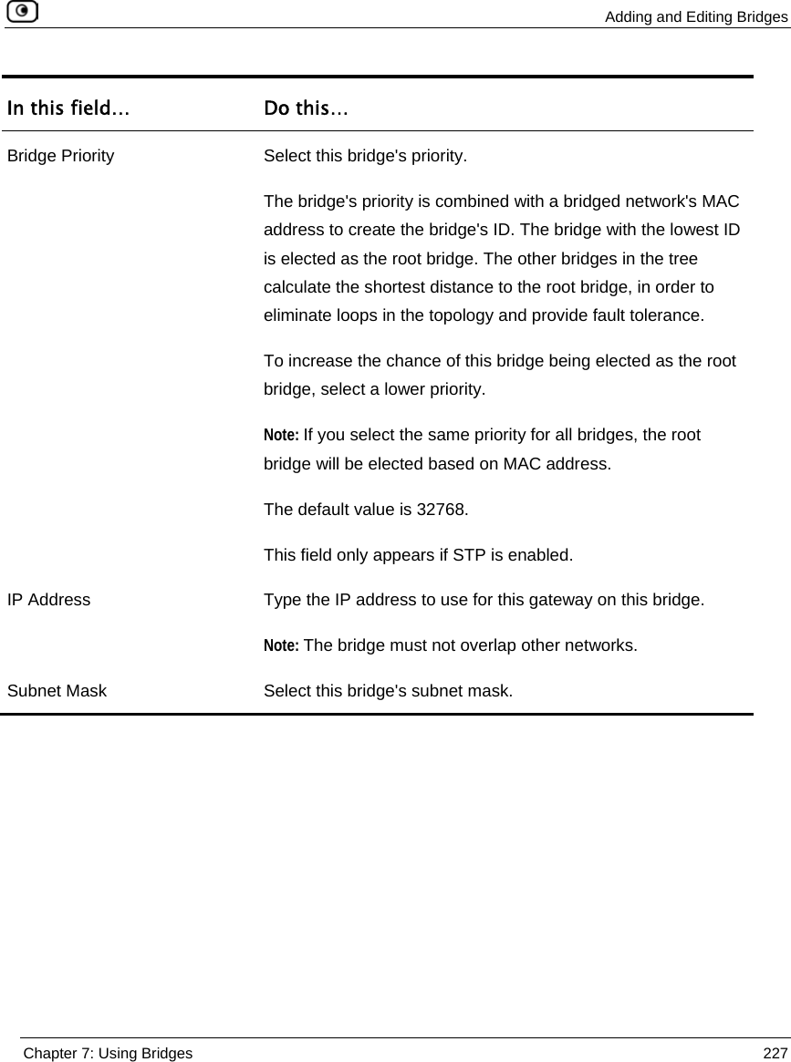 Adding and Editing Bridges Chapter 7: Using Bridges 227 In this field… Do this… Bridge Priority Select this bridge's priority. The bridge's priority is combined with a bridged network's MAC address to create the bridge's ID. The bridge with the lowest ID is elected as the root bridge. The other bridges in the tree calculate the shortest distance to the root bridge, in order to eliminate loops in the topology and provide fault tolerance. To increase the chance of this bridge being elected as the root bridge, select a lower priority. Note: If you select the same priority for all bridges, the root bridge will be elected based on MAC address. The default value is 32768. This field only appears if STP is enabled. IP Address Type the IP address to use for this gateway on this bridge. Note: The bridge must not overlap other networks. Subnet Mask Select this bridge's subnet mask.